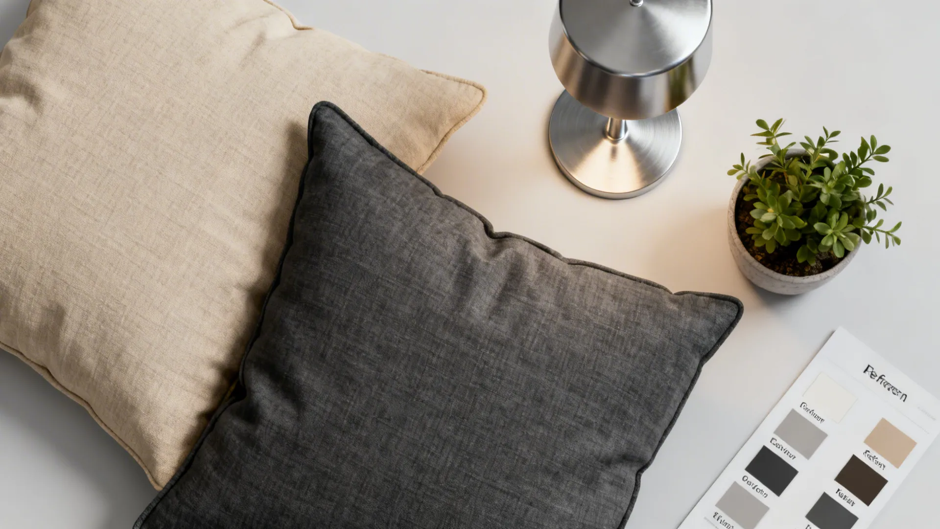 Flatlay showing cushion covers, metallic lamp sample, and color swatches for a quick living room refresh