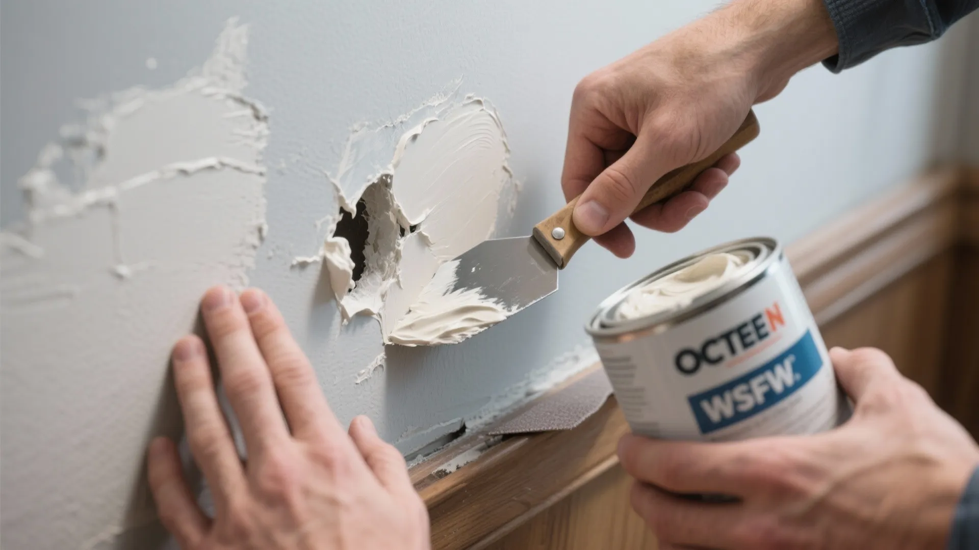 Close up of hands using a small metal tool to fix a hole in wall