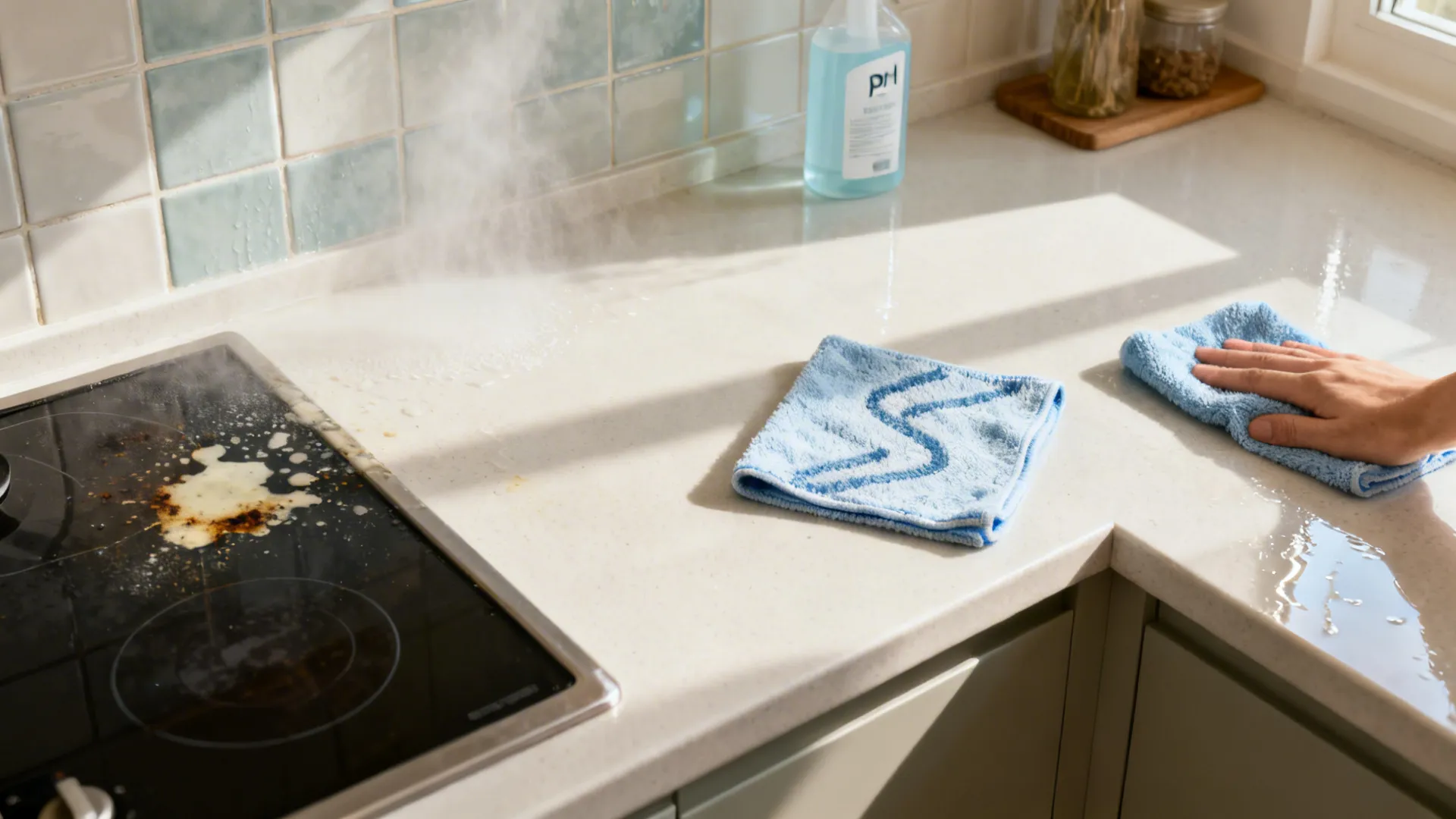 Top-down visual of a four-step tile cleaning routine with microfiber cloths and sprays.