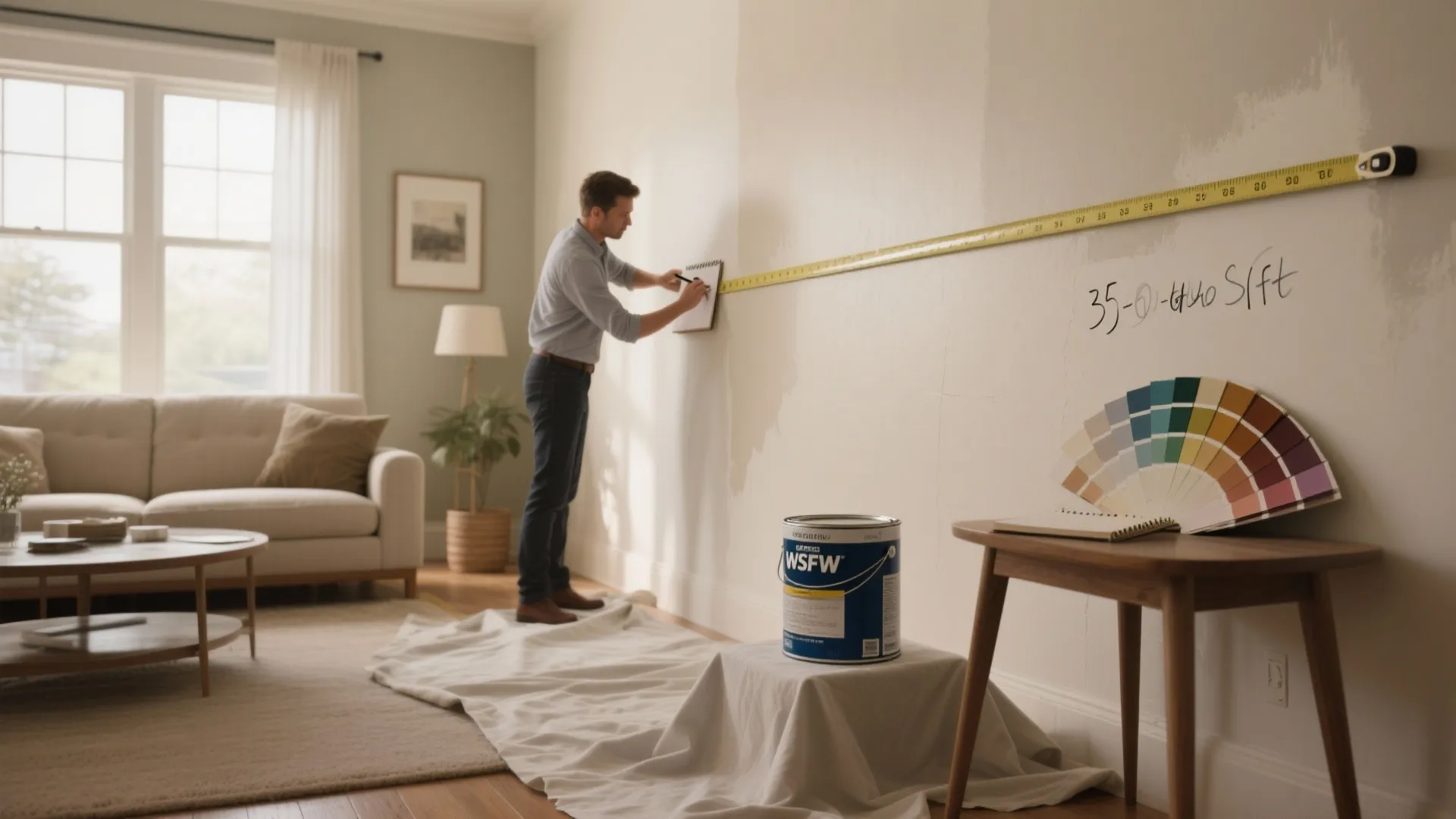 Man measuring living room wall with yellow tape and writing notes near a blue paint can