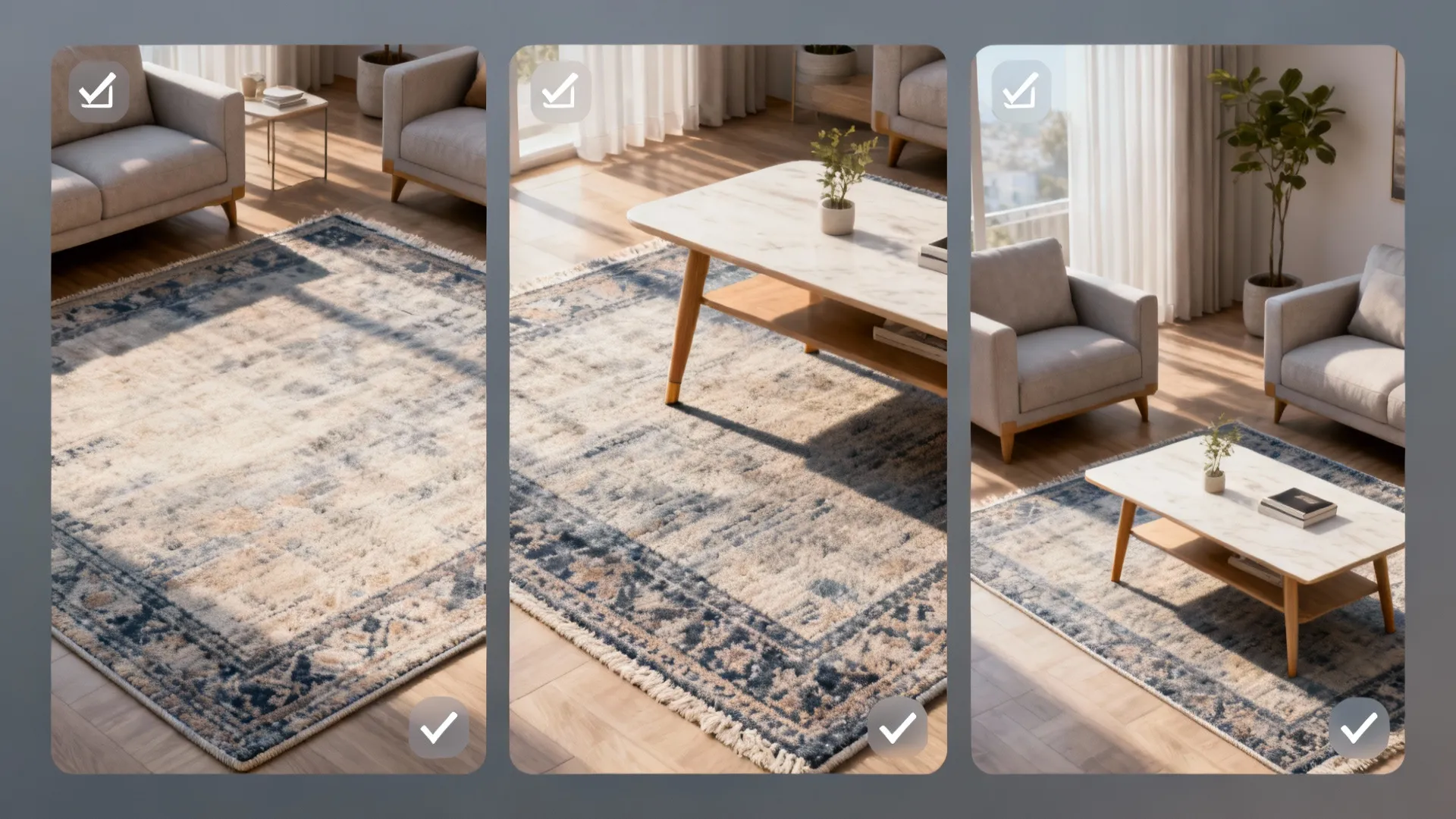 Three side-by-side vignettes showing rug rules: all-furniture-on, front-legs-on, and coffee-table-only.