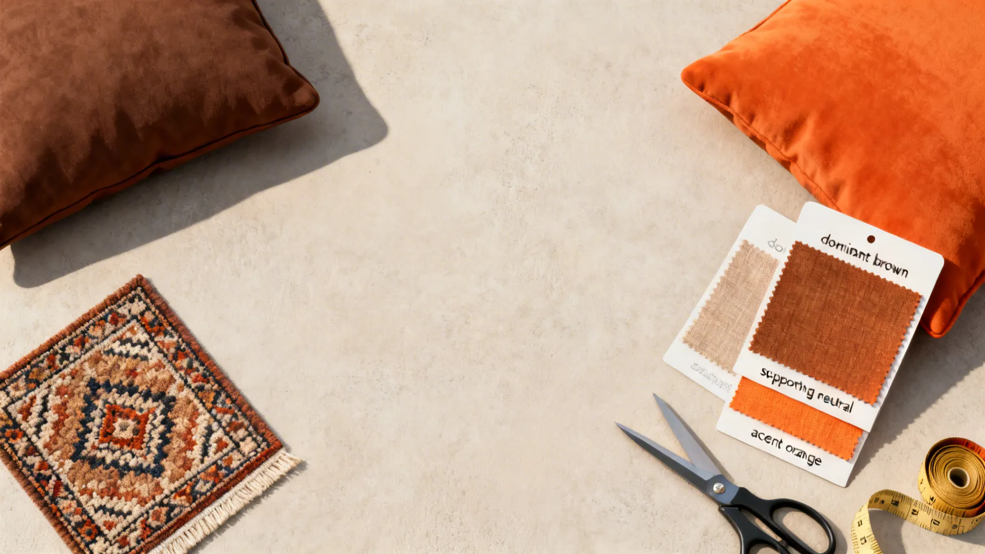 Flatlay of removable cushion covers, rug sample and fabric swatches in brown and orange.