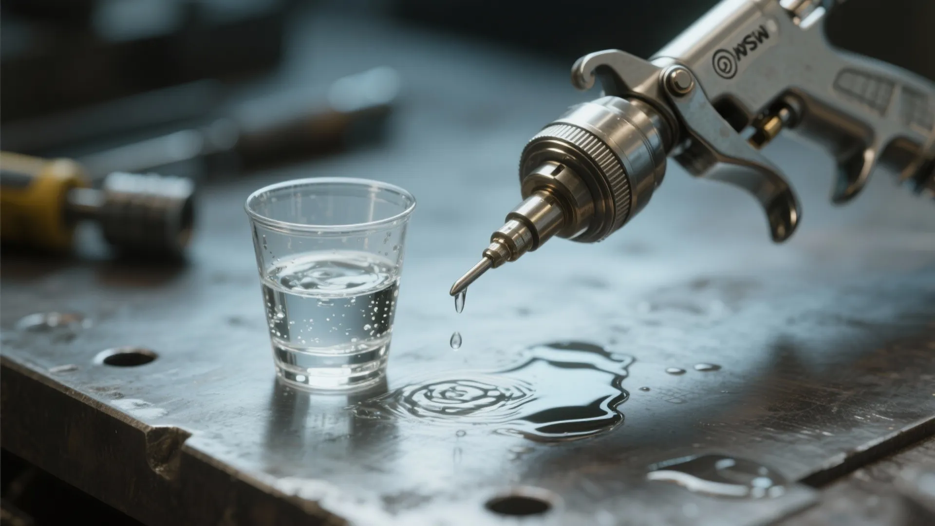 Close up of a paint sprayer tip dripping water into a small clear plastic cup