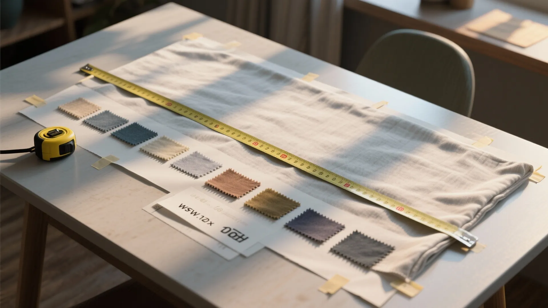 Tape measure on white fabric with colorful fabric samples and swatches on a wooden table