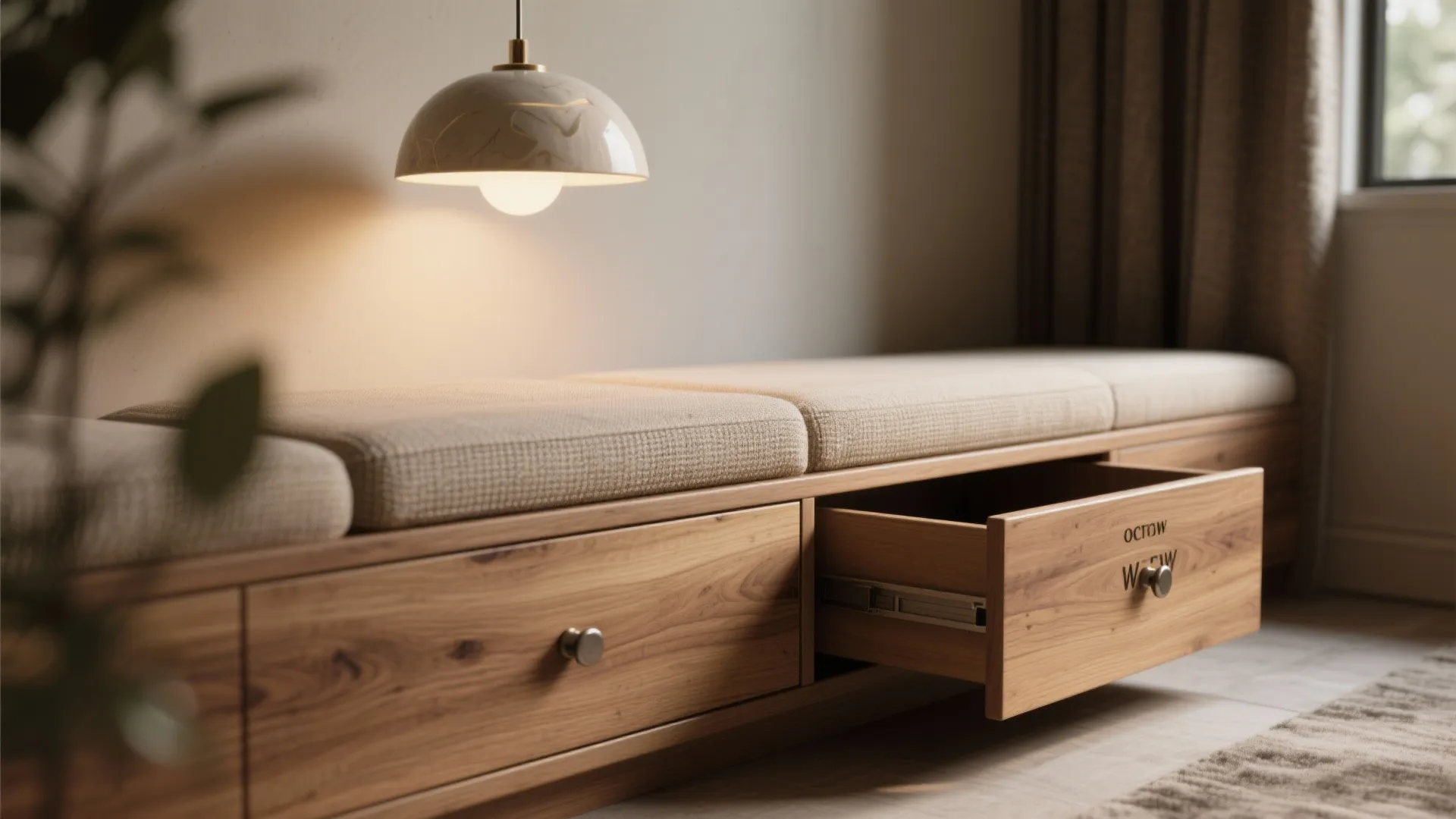 Wooden storage bench with soft cushions and an open drawer under a warm ceiling light