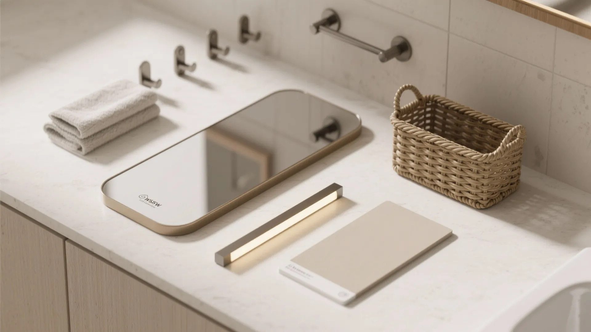 Bathroom counter display with small mirror light fixture woven basket folded towels and silver hooks