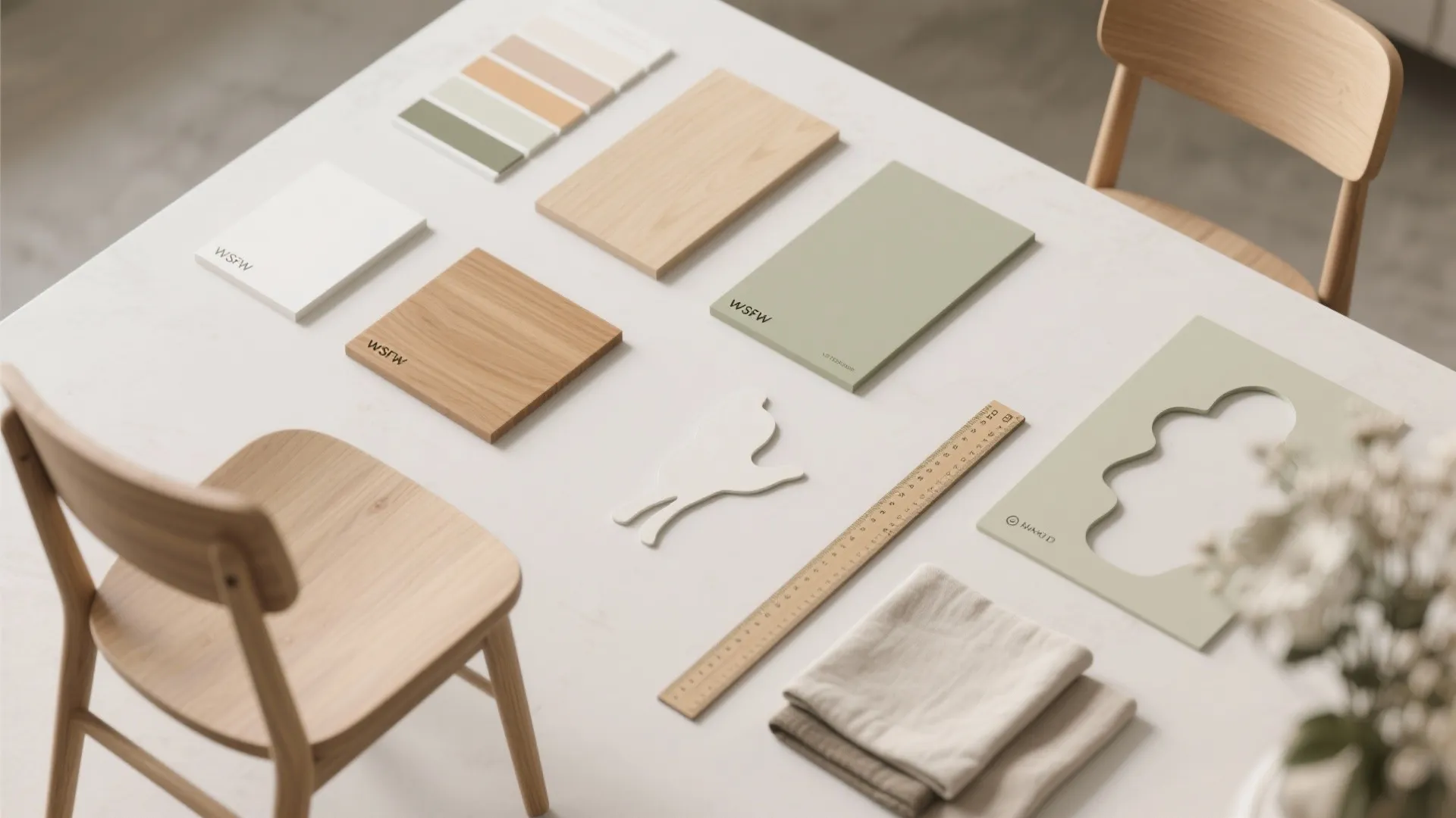 Material flatlay with wood samples, paint swatches, tape measure, and fabric swatches for small dining design.