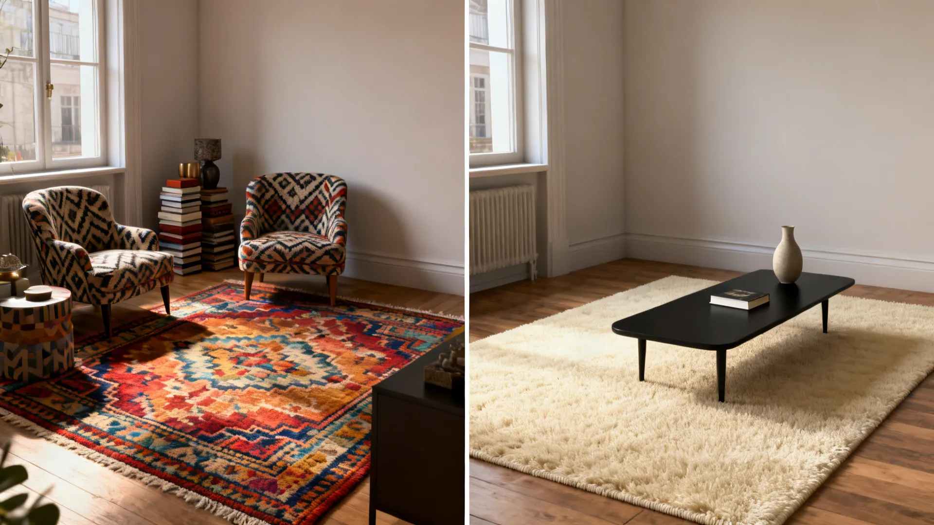 Before and after: colorful rug vs cream rug with a black coffee table showing refined black-and-cream transformation