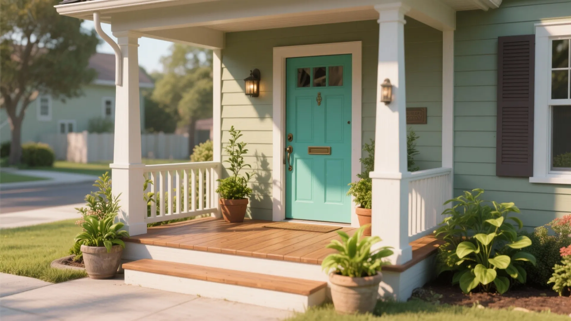 House porch with a bright teal door, wooden deck, white columns, and potted green plants