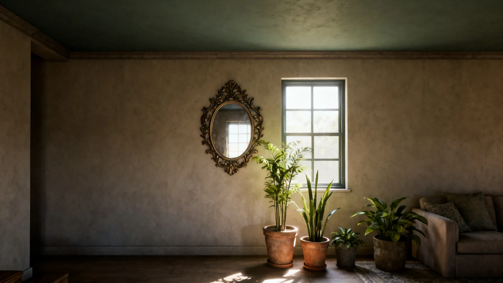 Design quick wins: darker ceiling, mirror reflecting window light, and plants of varied heights.