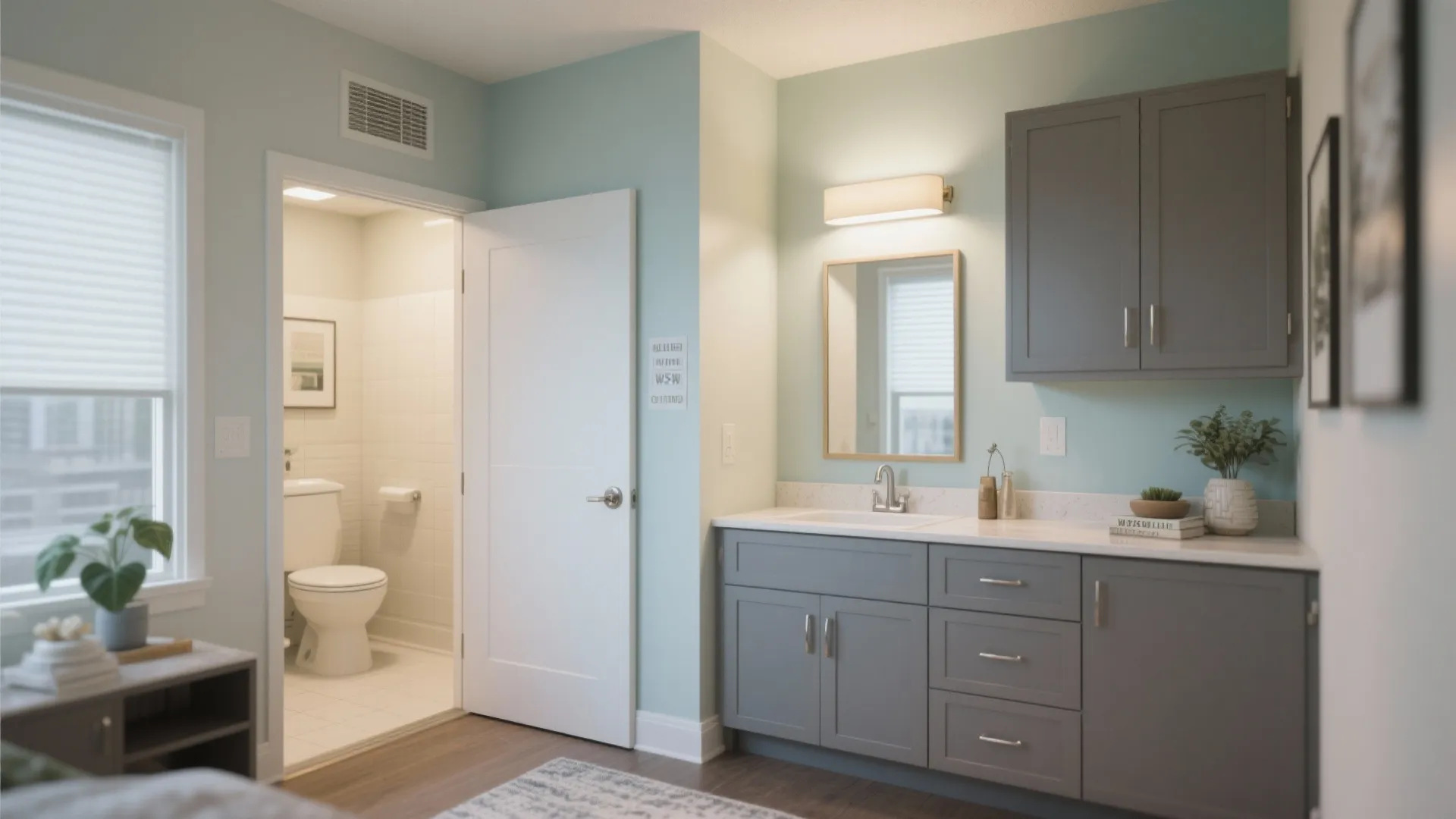 Modern blue bathroom featuring grey wood cabinet with white sink mirror and open toilet area