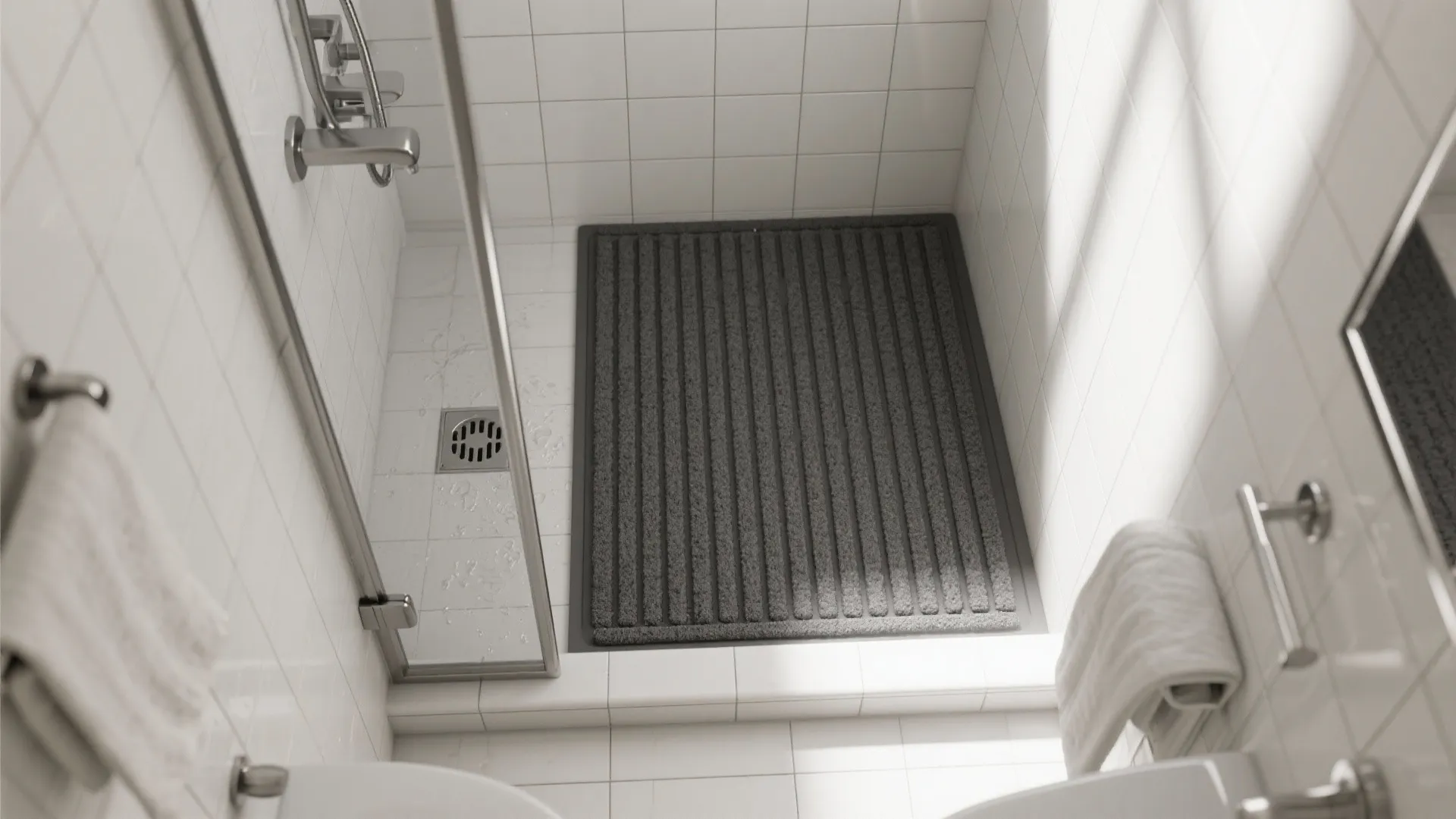 Top view of a grey striped bath mat on a white tile floor near shower