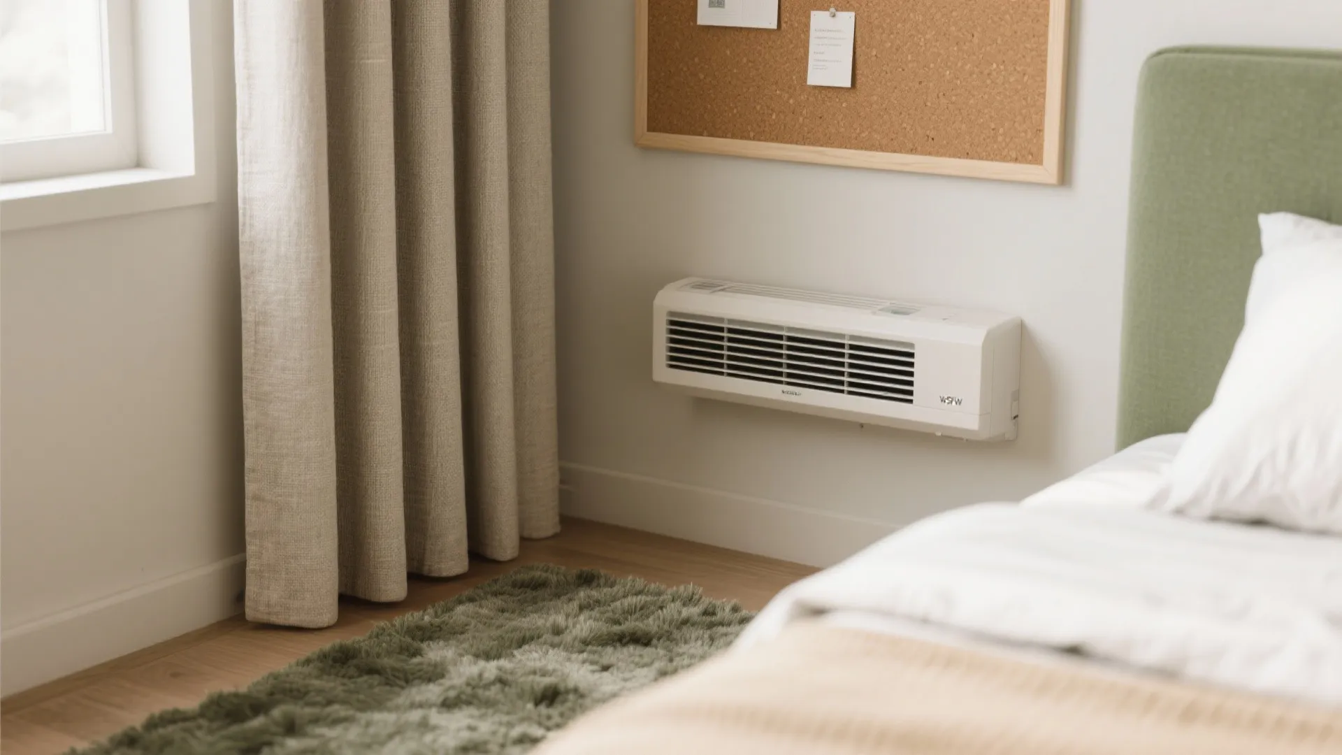 Macro of linen curtains, cork board, and wool rug absorbing sound near a discreet mini split.
