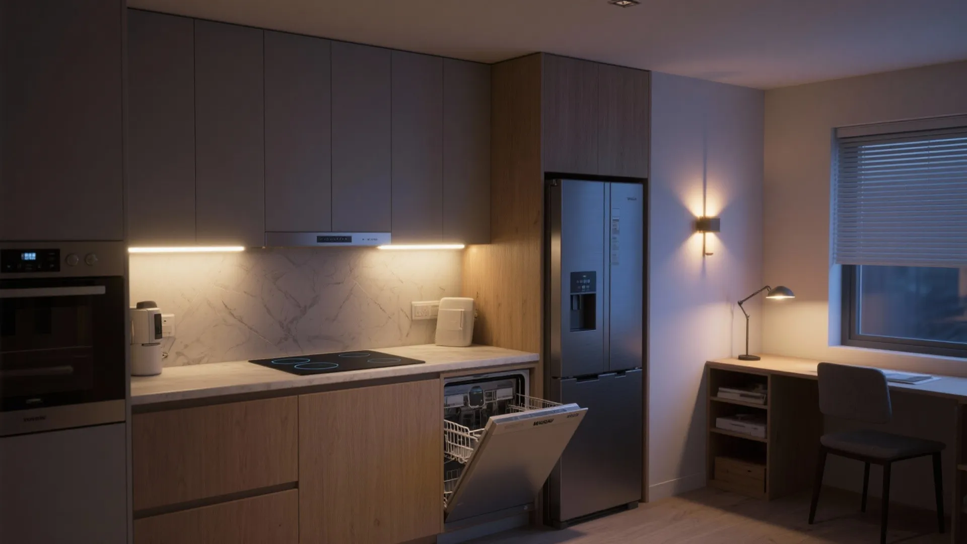 Modern kitchen with open dishwasher grey cabinets large fridge warm light fixture and a workspace