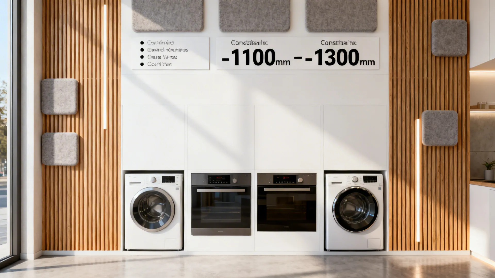 Showroom display with matte white and wood slats, clear three-bullet labels, and consistent placement.