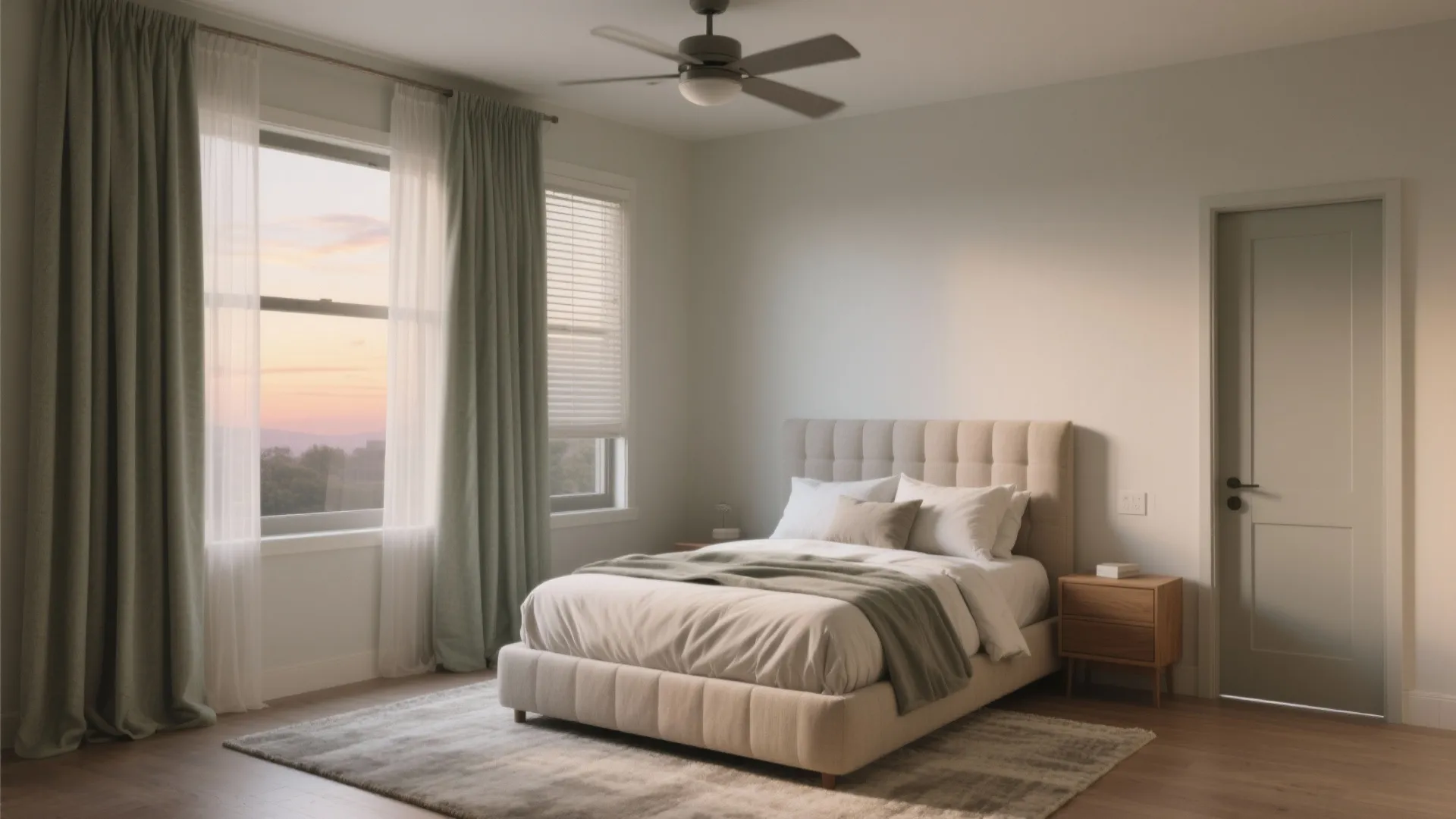 Modern bedroom with beige bed white walls large window green curtains and a ceiling fan