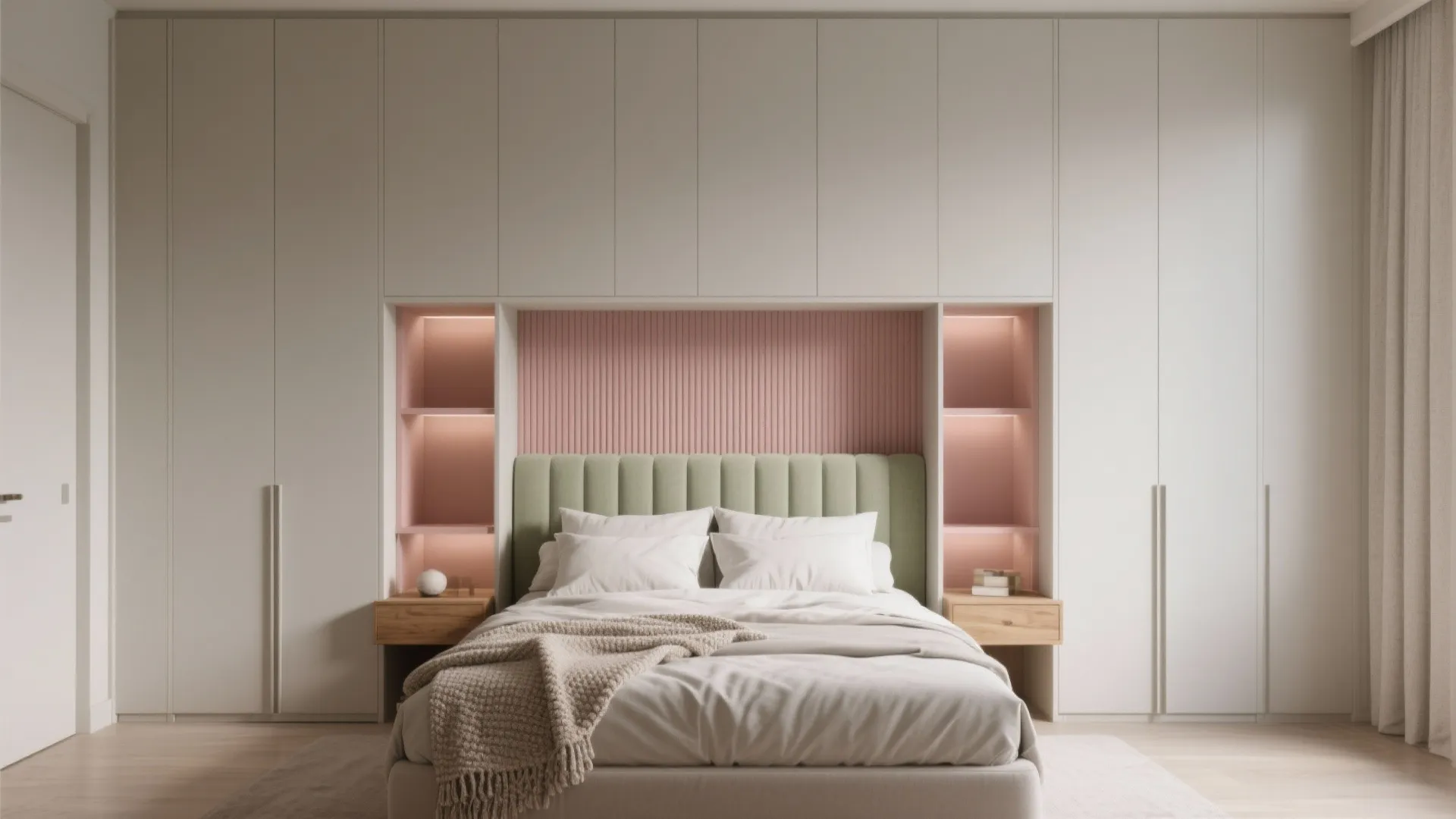 Quiet bedroom palettes with smart wardrobe integration