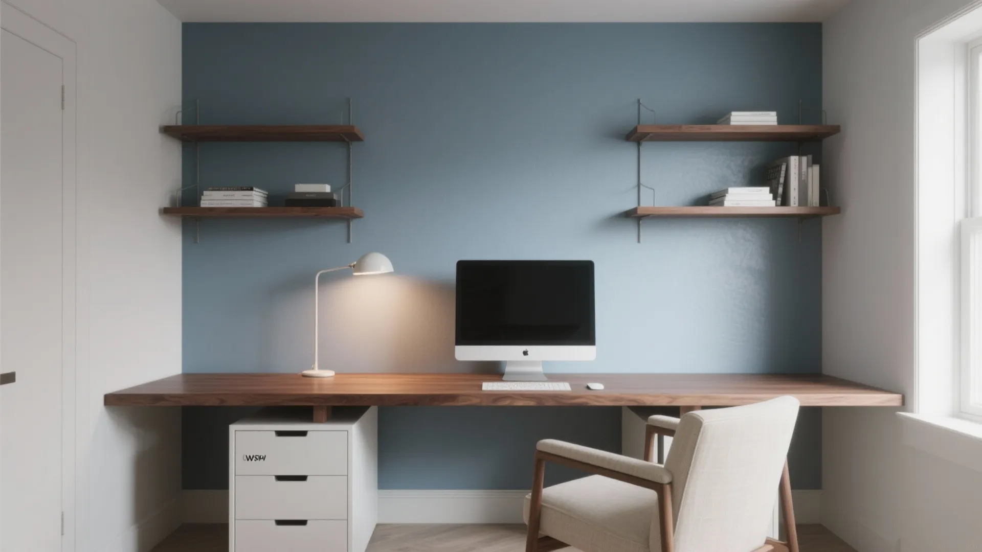 Modern home office with blue wall wooden desk computer white chair and two wall shelves