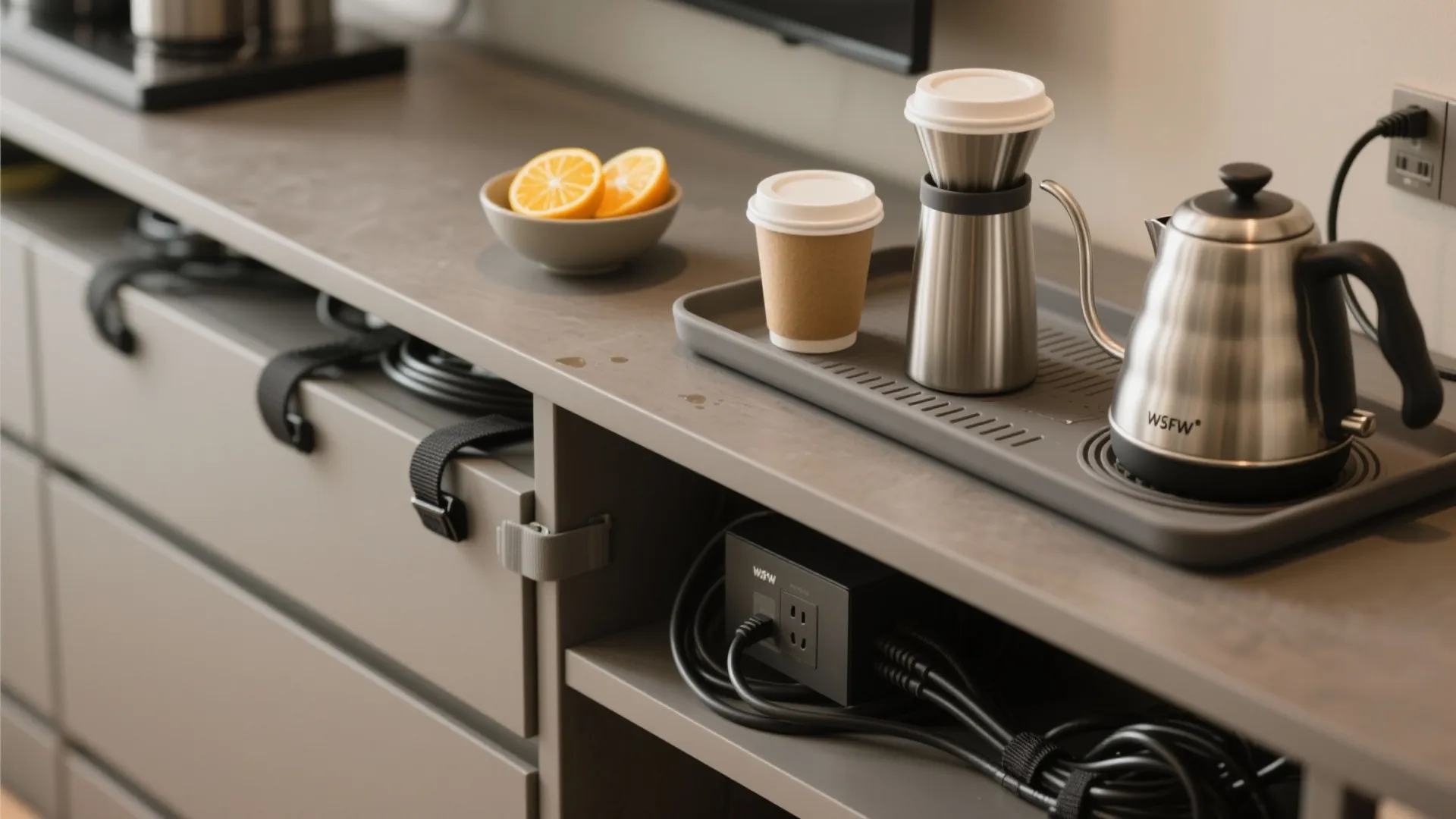Close up of a coffee station with metal kettle coffee dripper cup and lemon slices