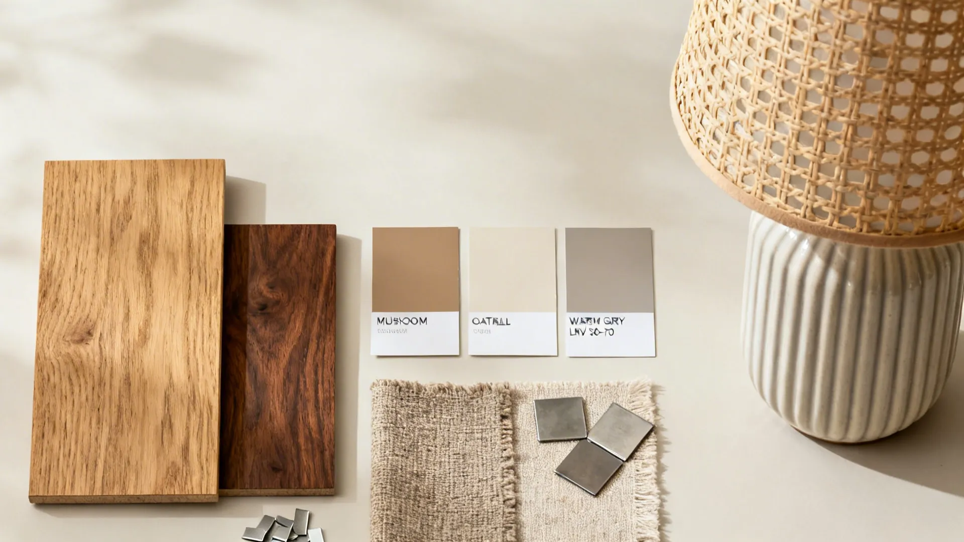Flat lay with mushroom and warm gray paint chips, oak and walnut samples, linens, wool, and ribbed ceramics.