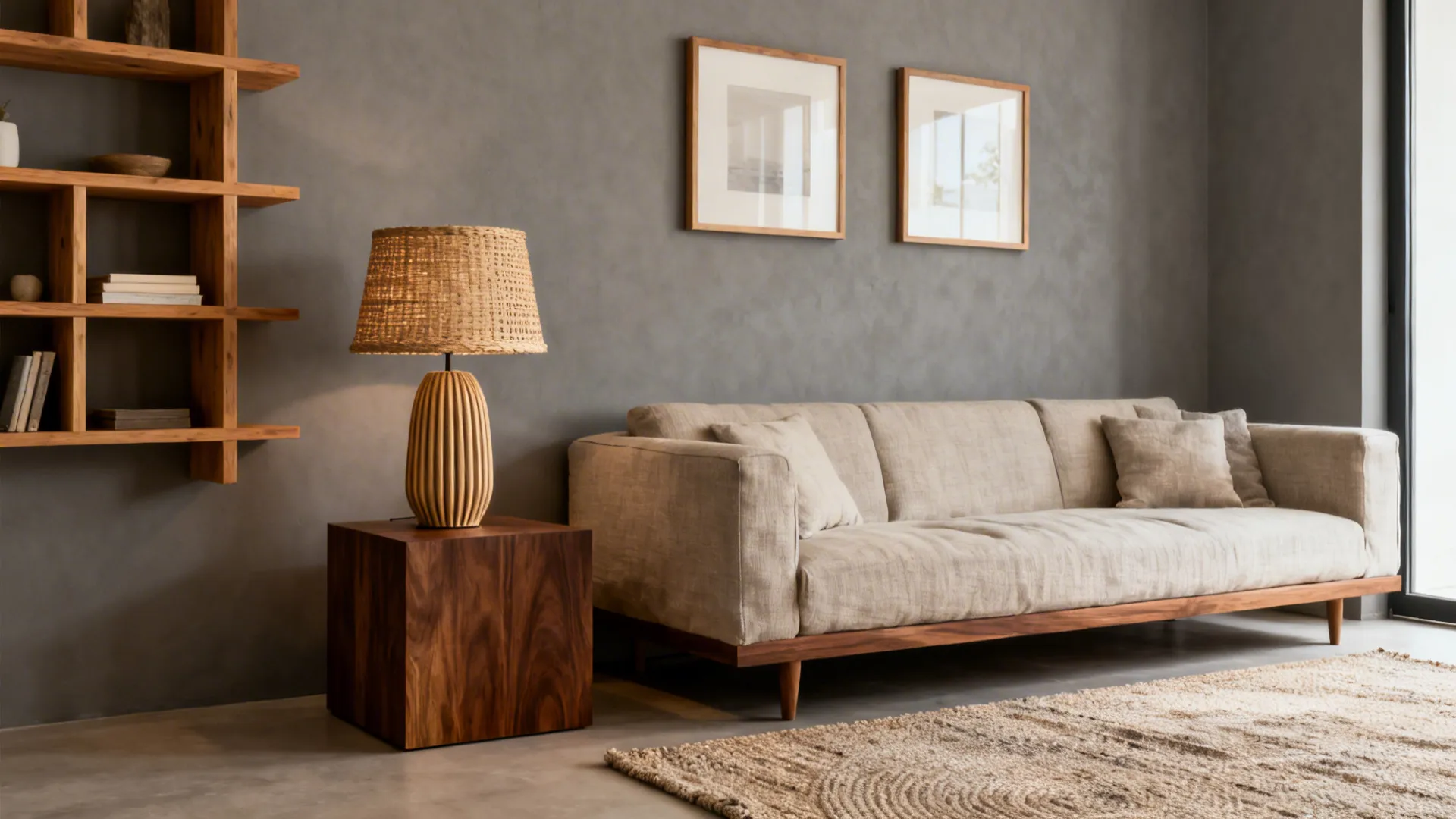 Neutral living room with warm gray walls, oak shelves, walnut table, linen sofa, and textured rug.