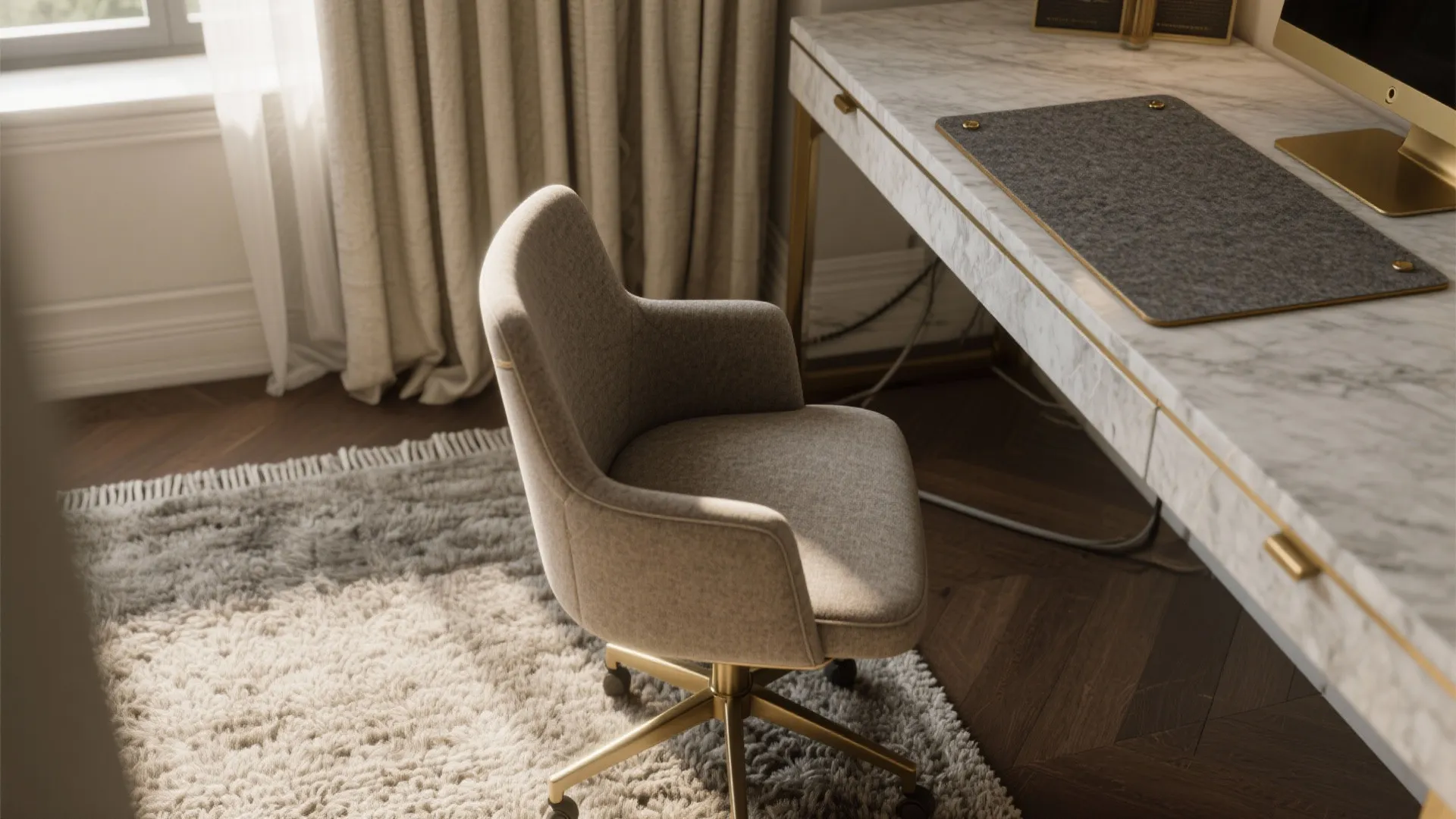 Modern workspace with beige swivel chair marble desk grey mat plush rug and wooden floor