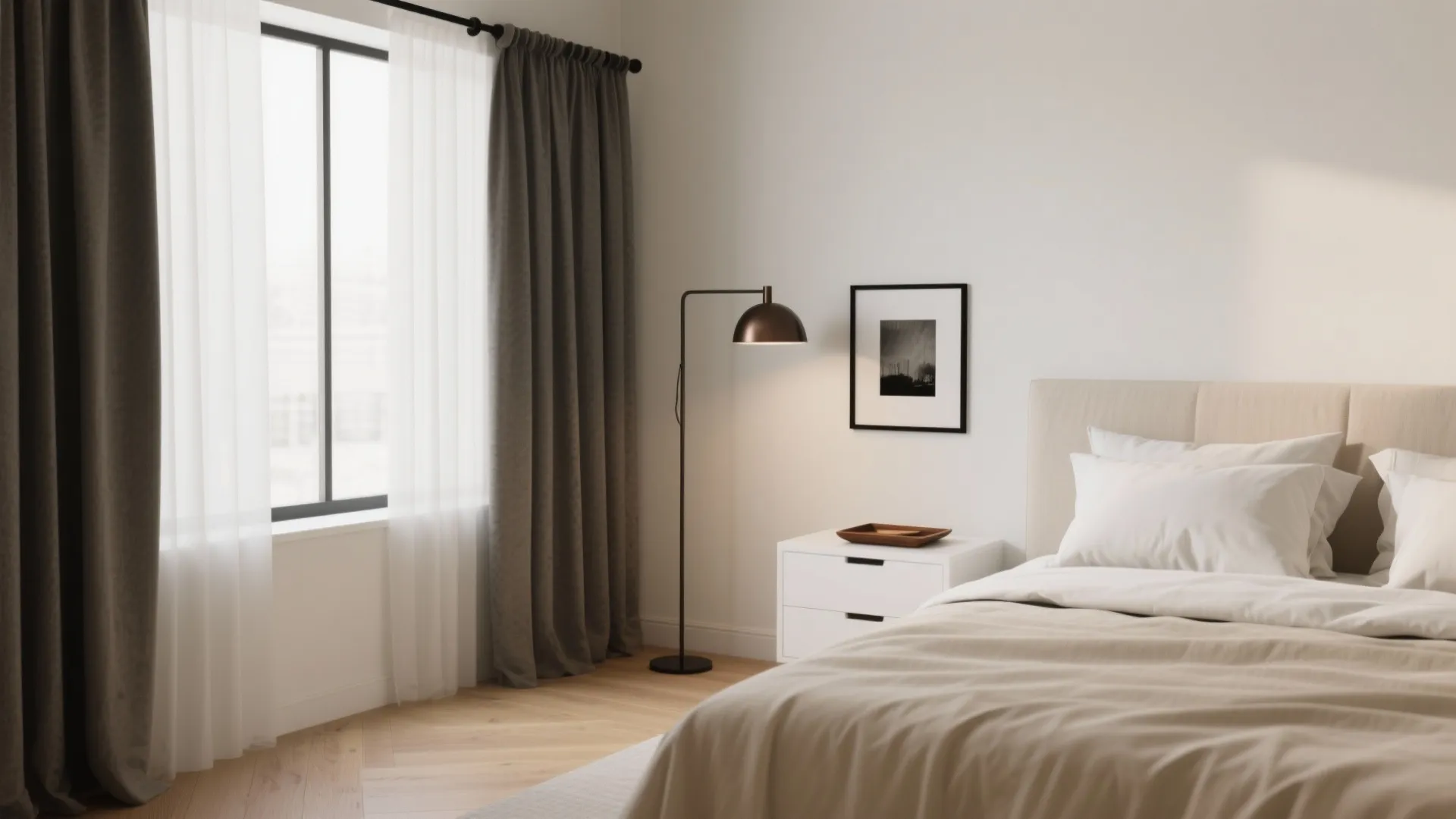 Modern bedroom with beige bed white nightstand black floor lamp brown curtains and wooden floor