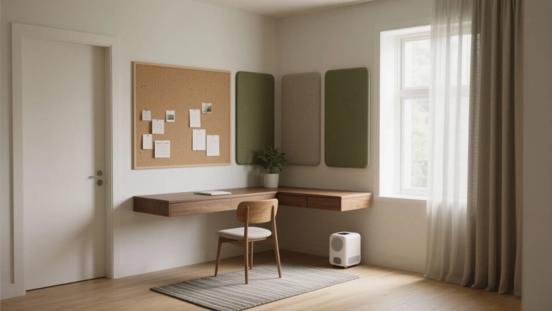 Modern home office corner with floating wooden desk chair cork board wall panels and window