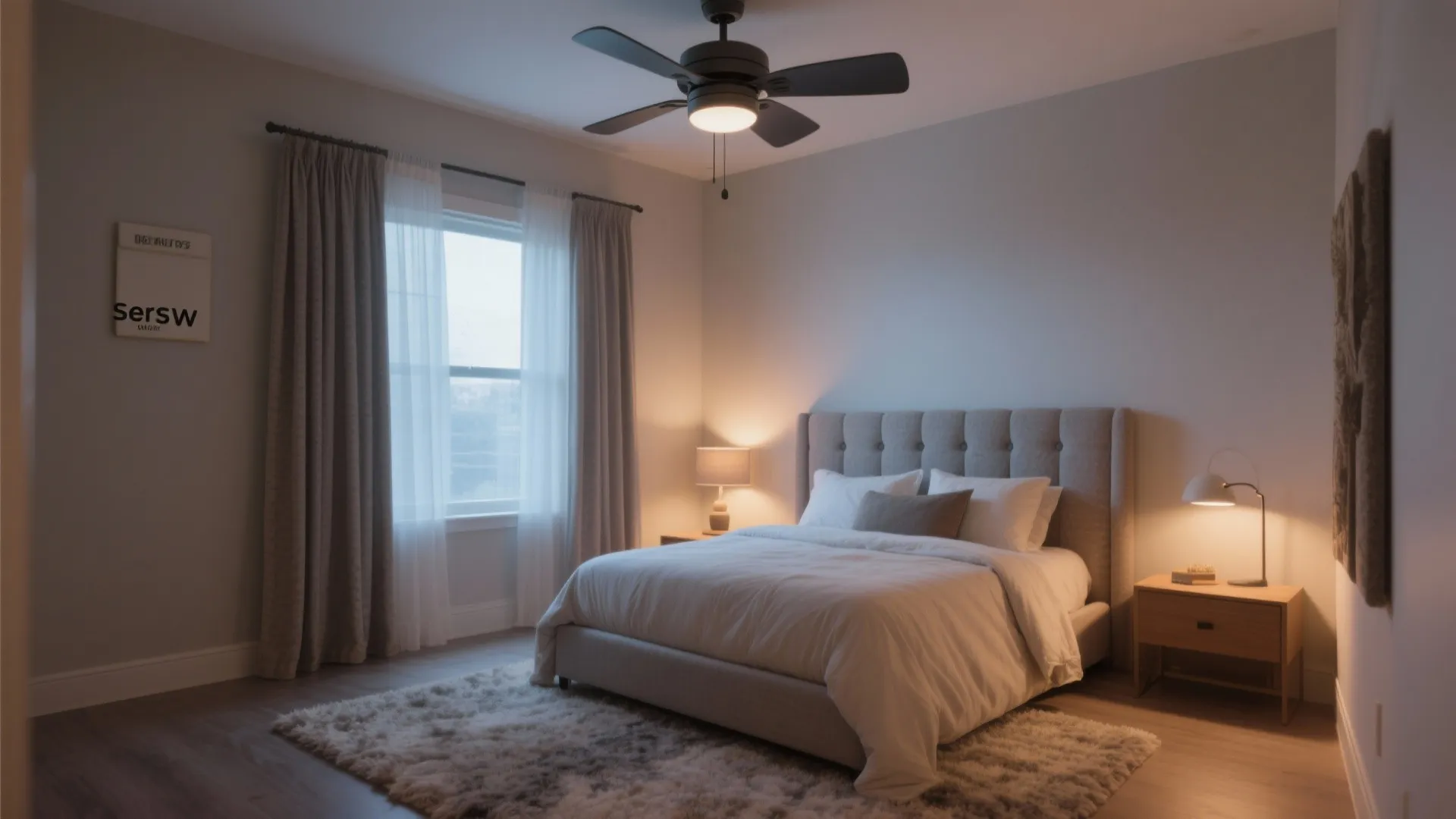 Small bedroom with a DC motor ceiling fan, rug, and curtains for noise absorption.