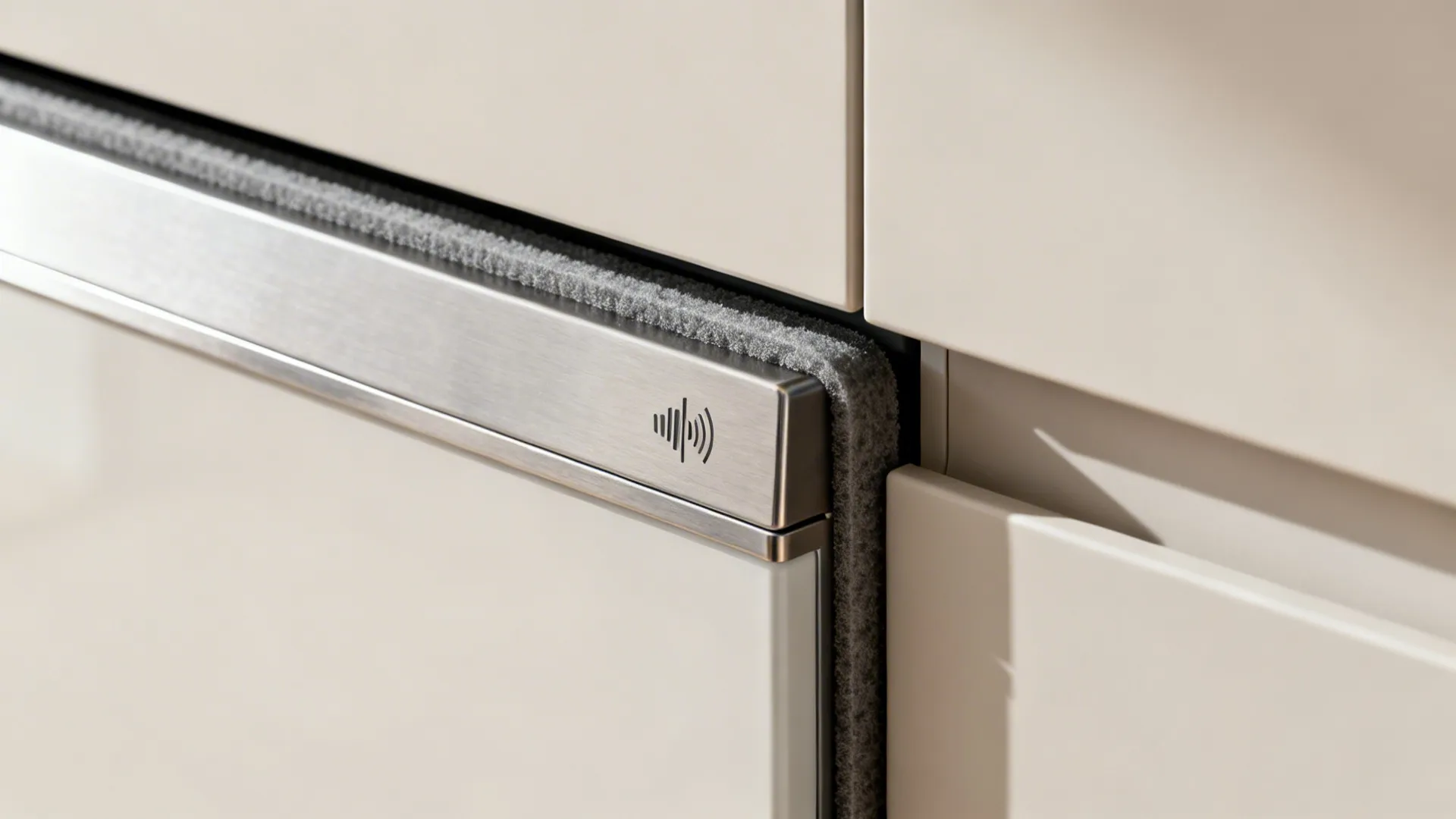 Macro of insulated dishwasher edge with gasket detail and brushed metal trim.