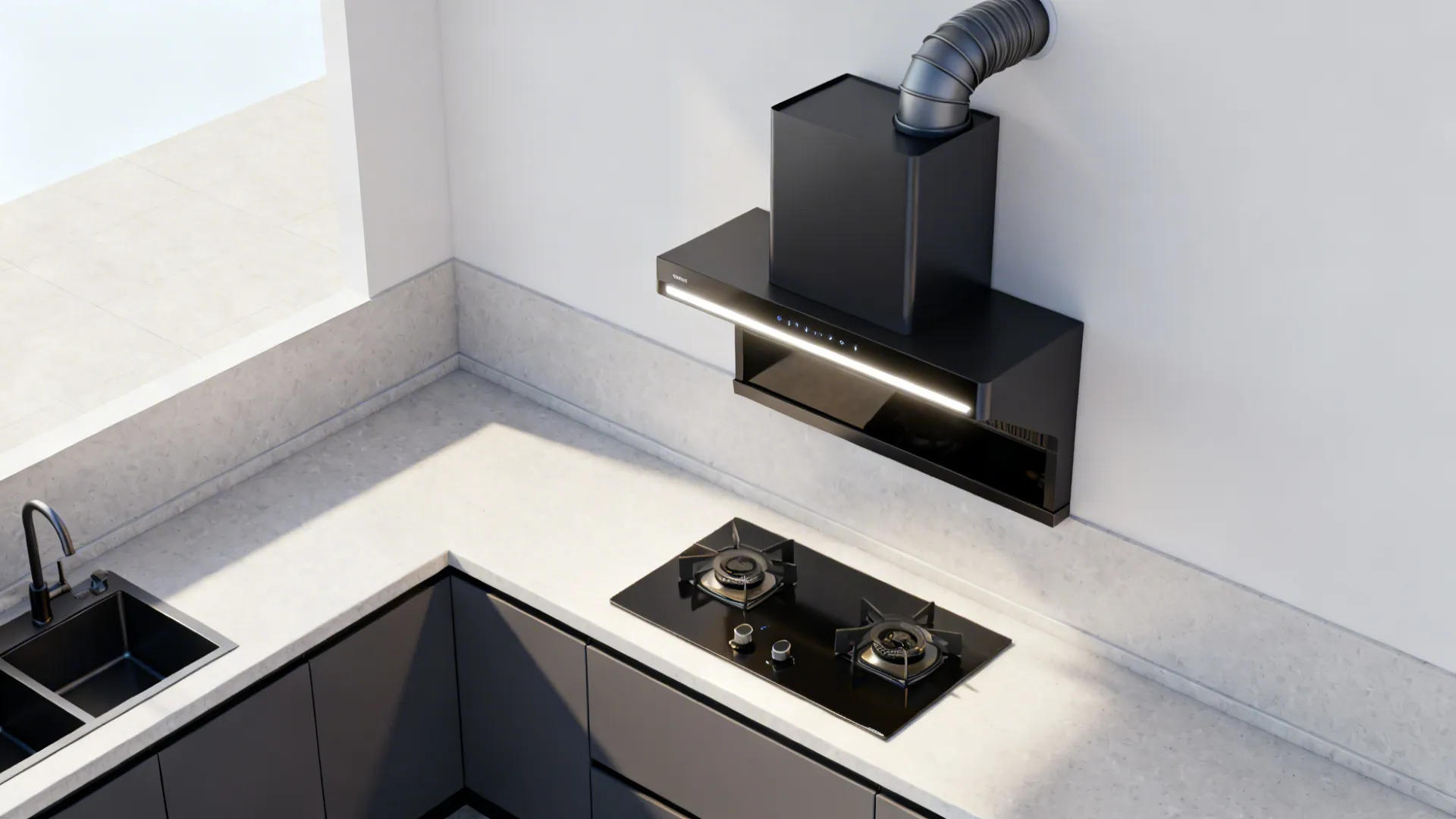 Top-down view illustrating a straight, smooth duct run and centered hood with LED lighting.