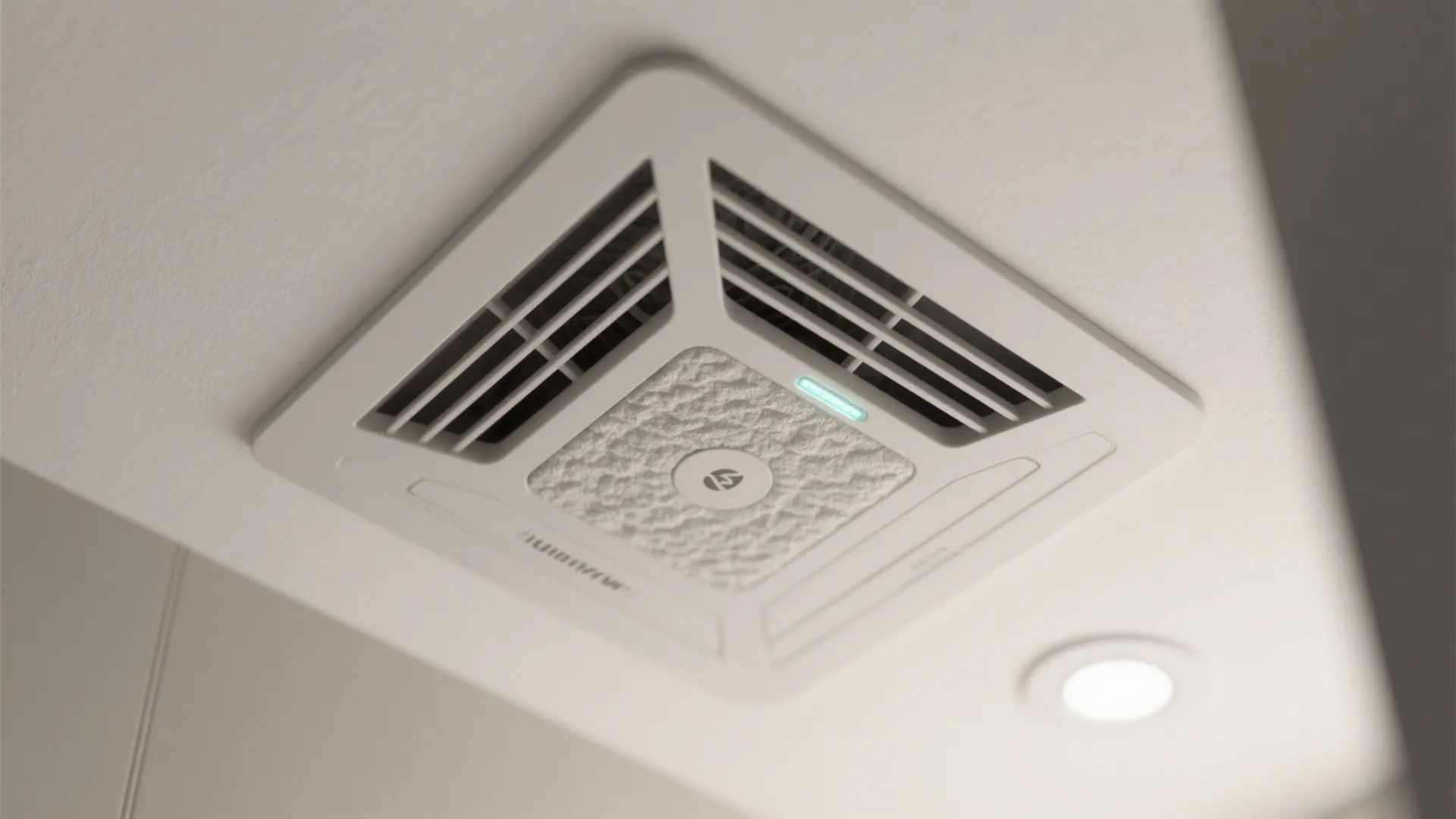 Modern white square bathroom exhaust fan installed on a ceiling with a small light fixture