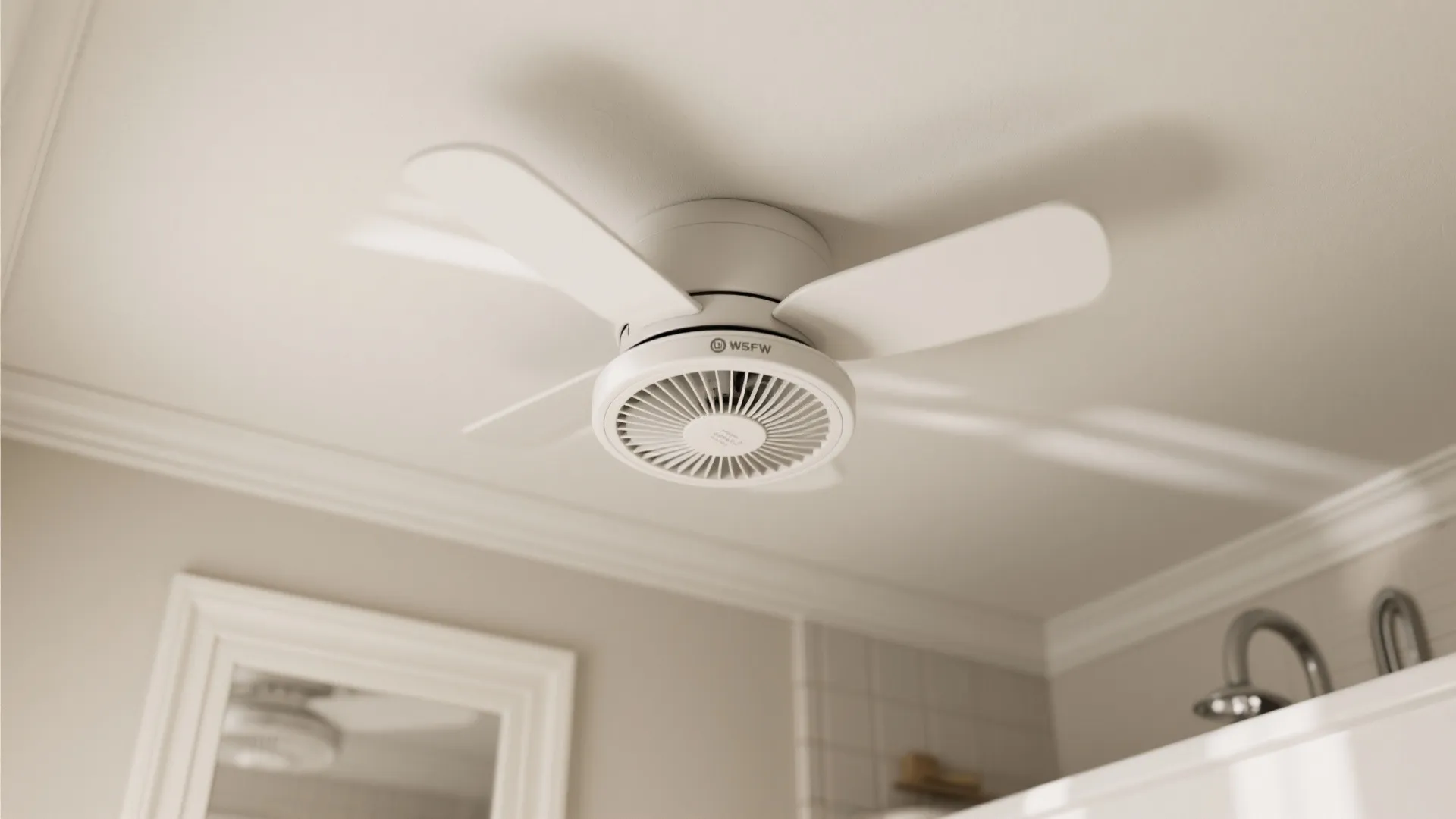 Macro of a quiet bathroom ceiling fan with clean trim in soft daylight.