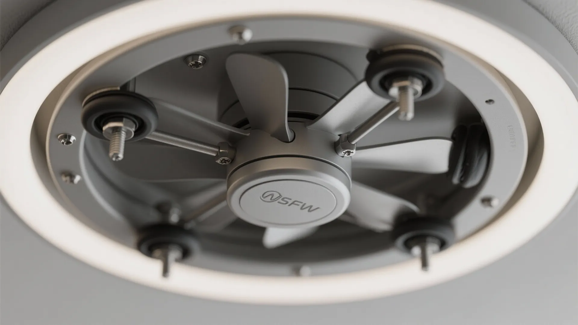 Close up view showing internal fan blades and mounting hardware inside circular white ceiling light