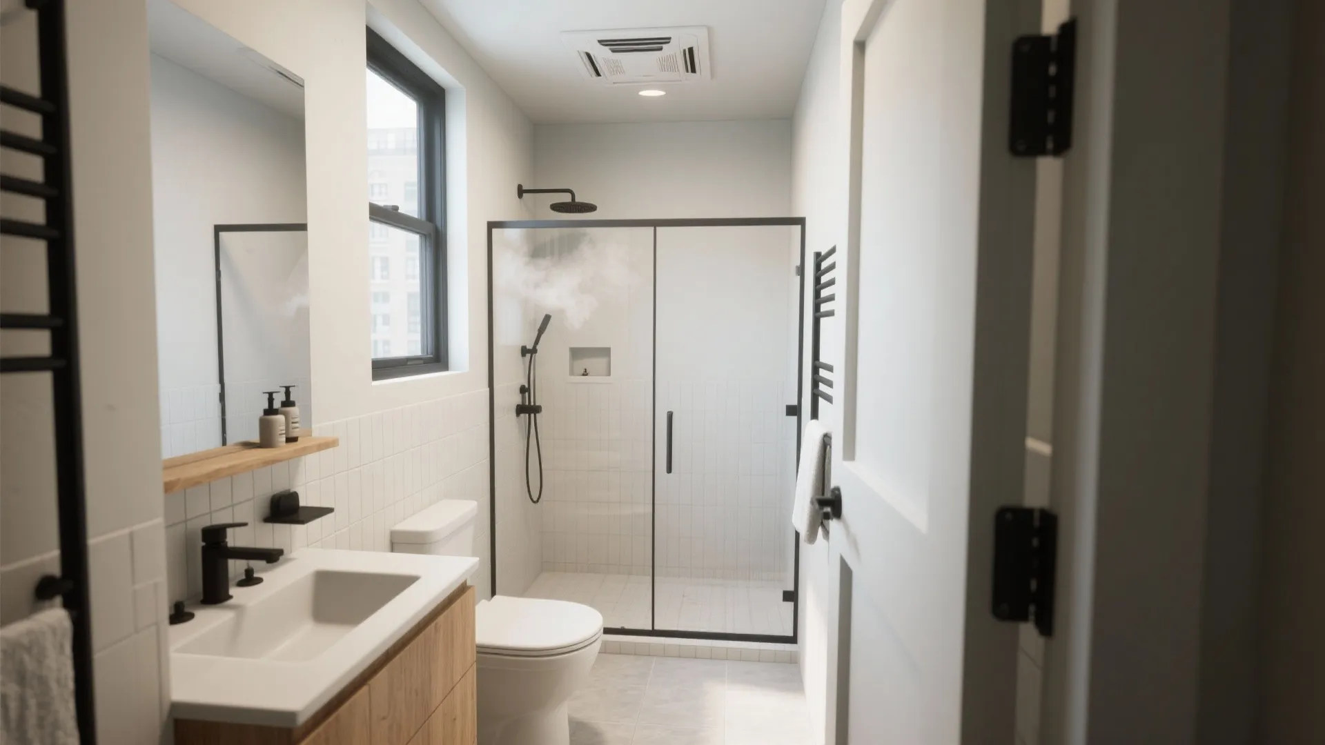 Compact bathroom with low-sone ceiling exhaust and 3/4-inch door undercut for make-up air.