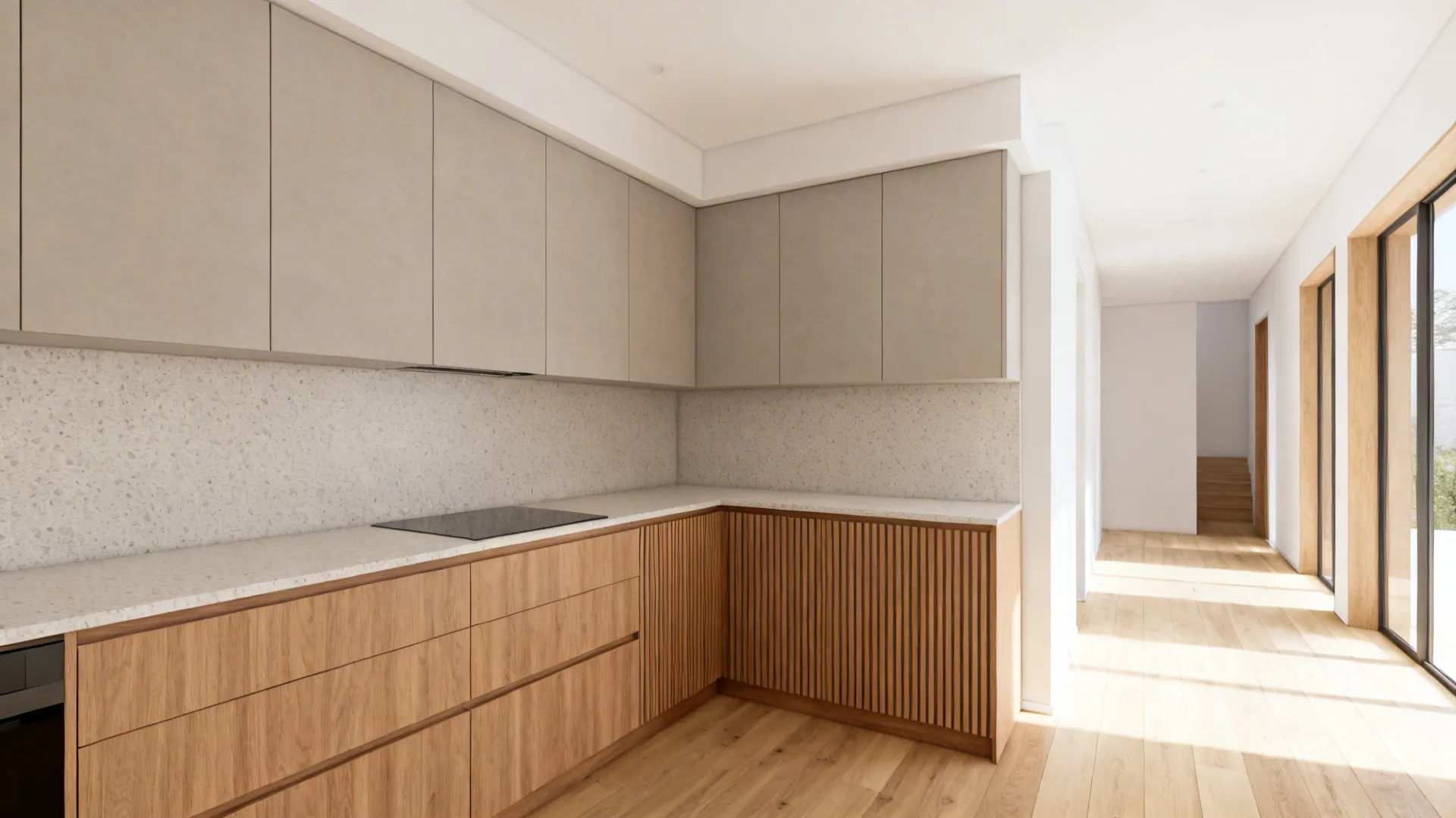 Small galley with greige uppers, warm oak bases, micro-patterned quartz, and continuous flooring to widen the feel.