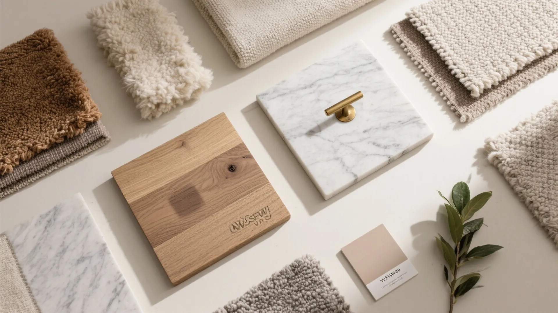 Interior design material mood board with wood marble tiles fabric samples and small green plant leaves