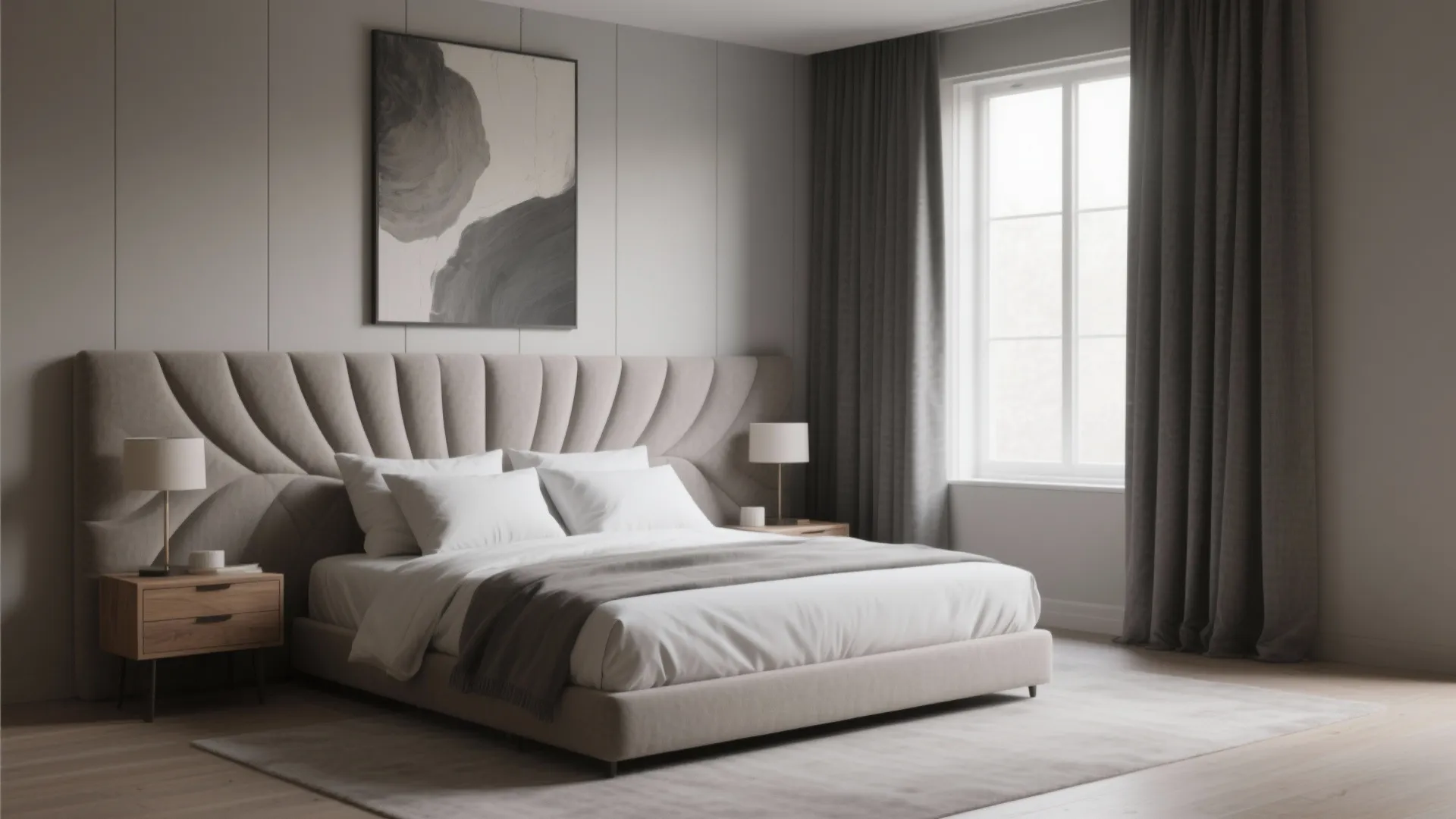 Modern bedroom with large bed wood bedside tables grey wall panels long curtains and bright window