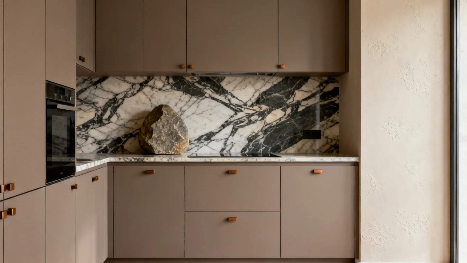 Matte taupe cabinet fronts with a bold-veined quartz backsplash in a compact kitchen.