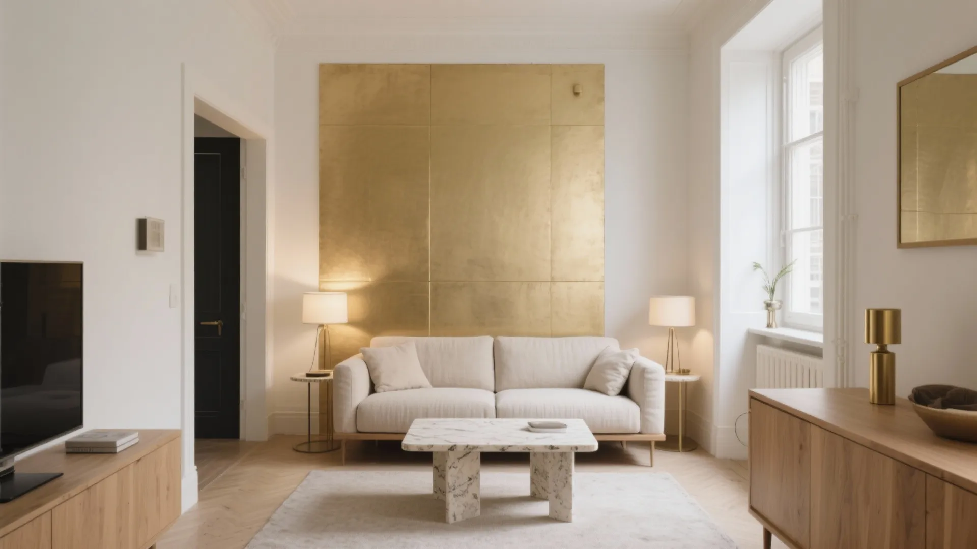 Modern living room with white sofa marble table large gold wall panel and two lamps