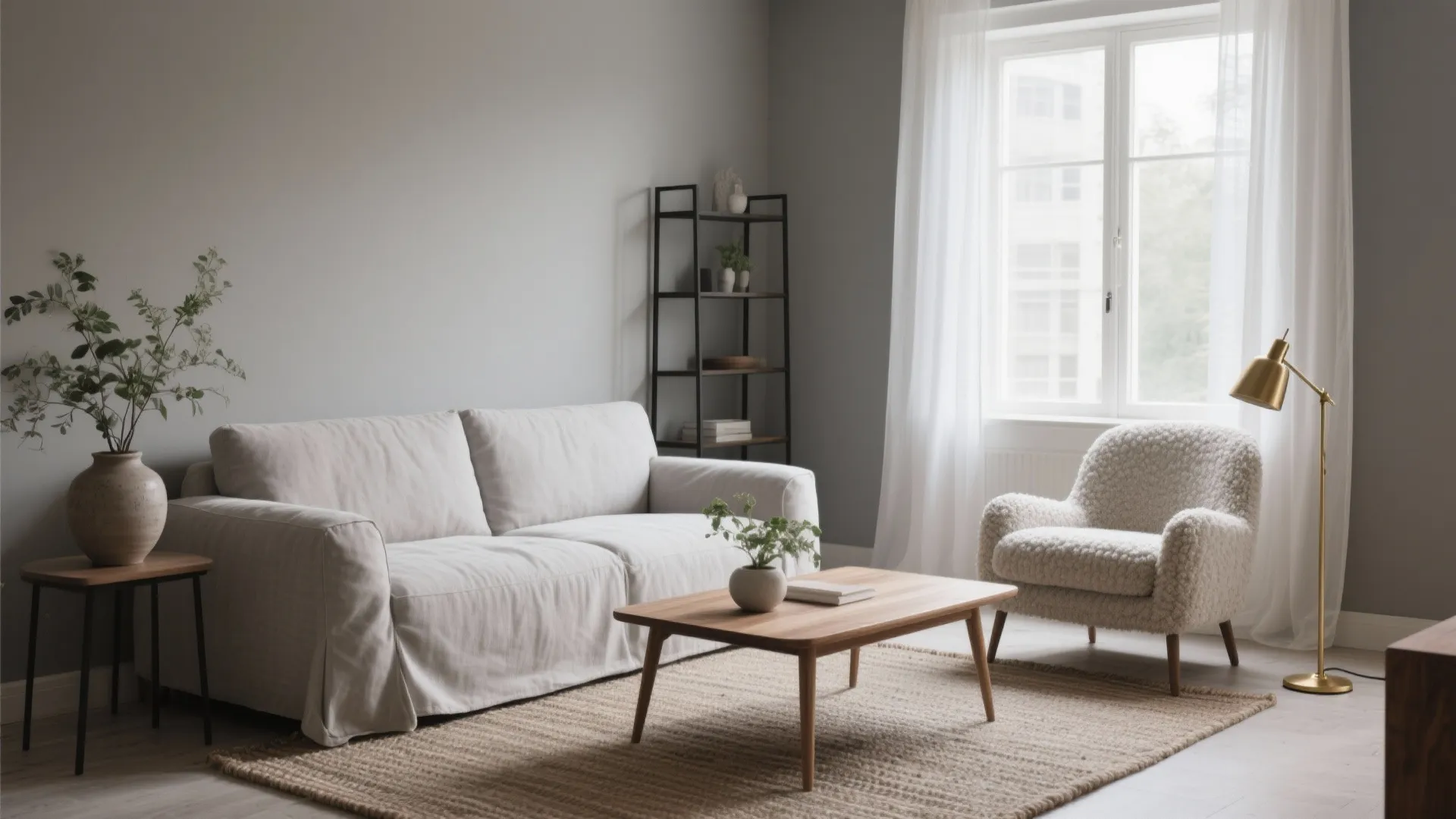 Minimalist living room with white sofa grey walls wooden coffee table rug and floor light fixture