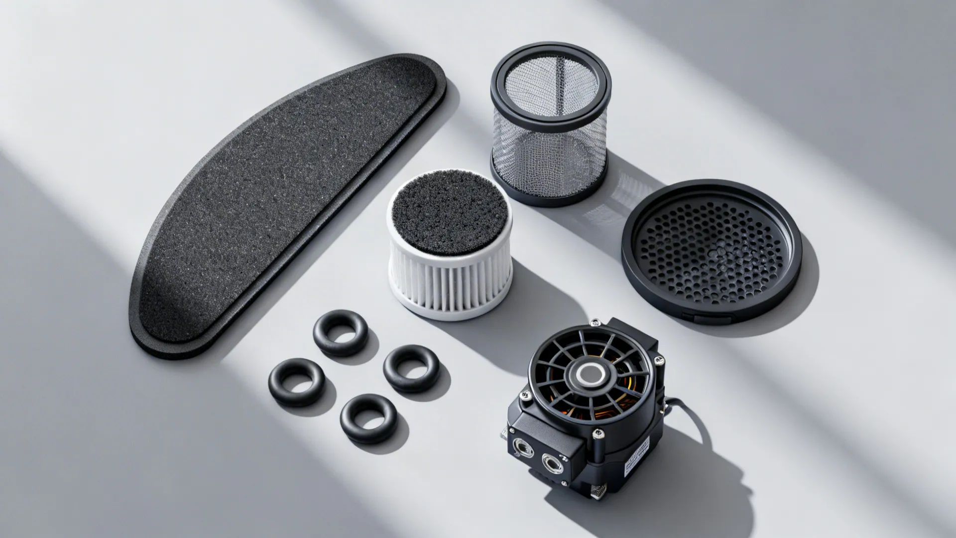 Flat lay of baffle and mesh filters, carbon cartridges, brushless motor, and damping pads.
