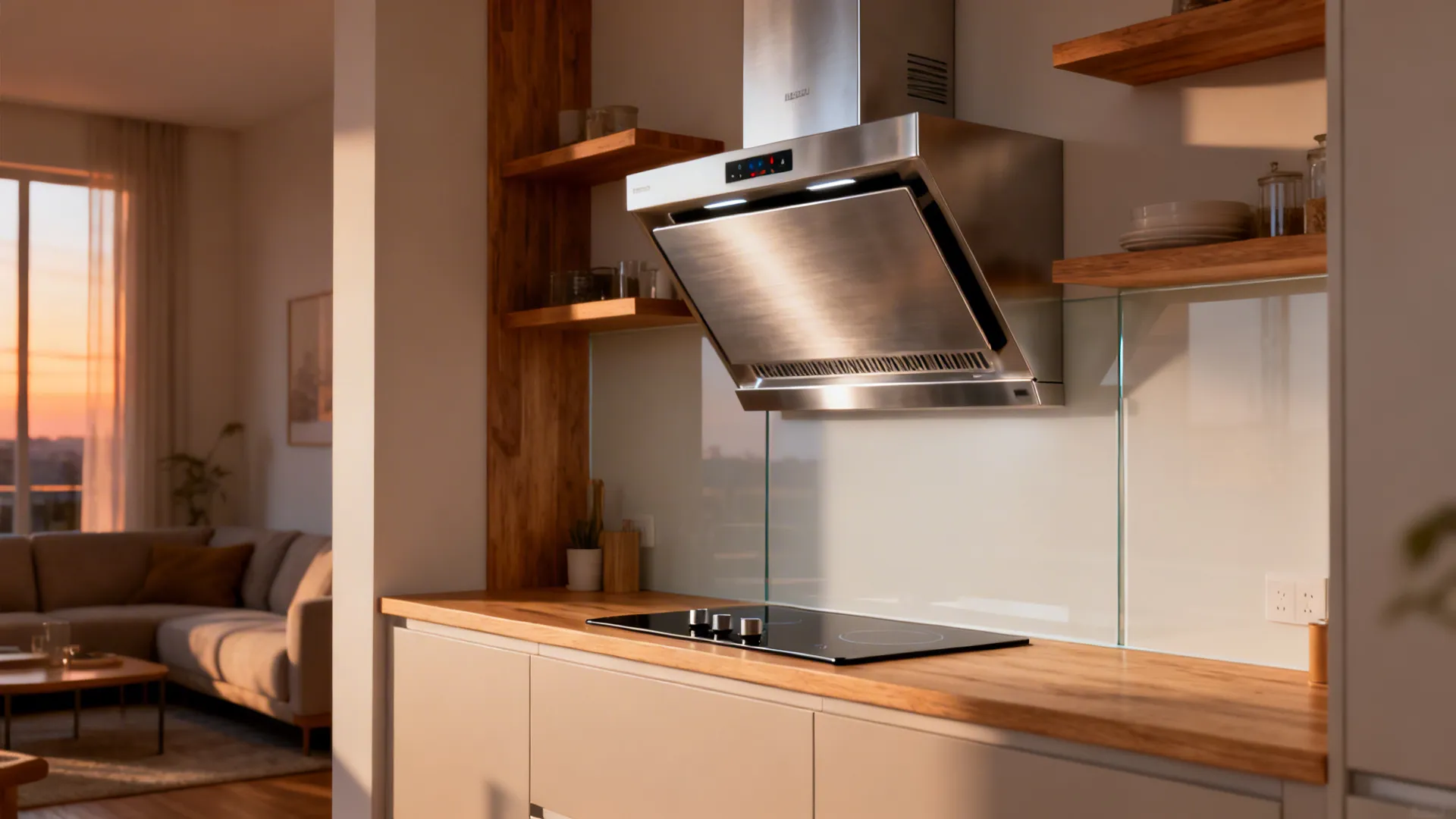 Open-plan small kitchen with a stainless baffle range hood proportioned above a compact hob.