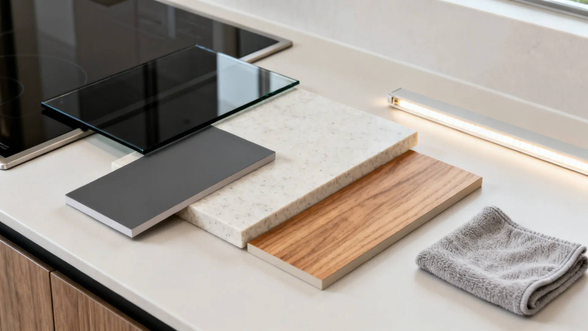 Flat lay of black glass, light stone, muted laminates, and warm wood finishes.