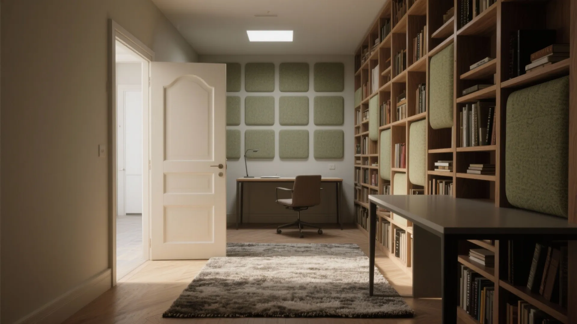 Home office with tall wooden bookshelves green wall panels desk chair and fluffy grey rug