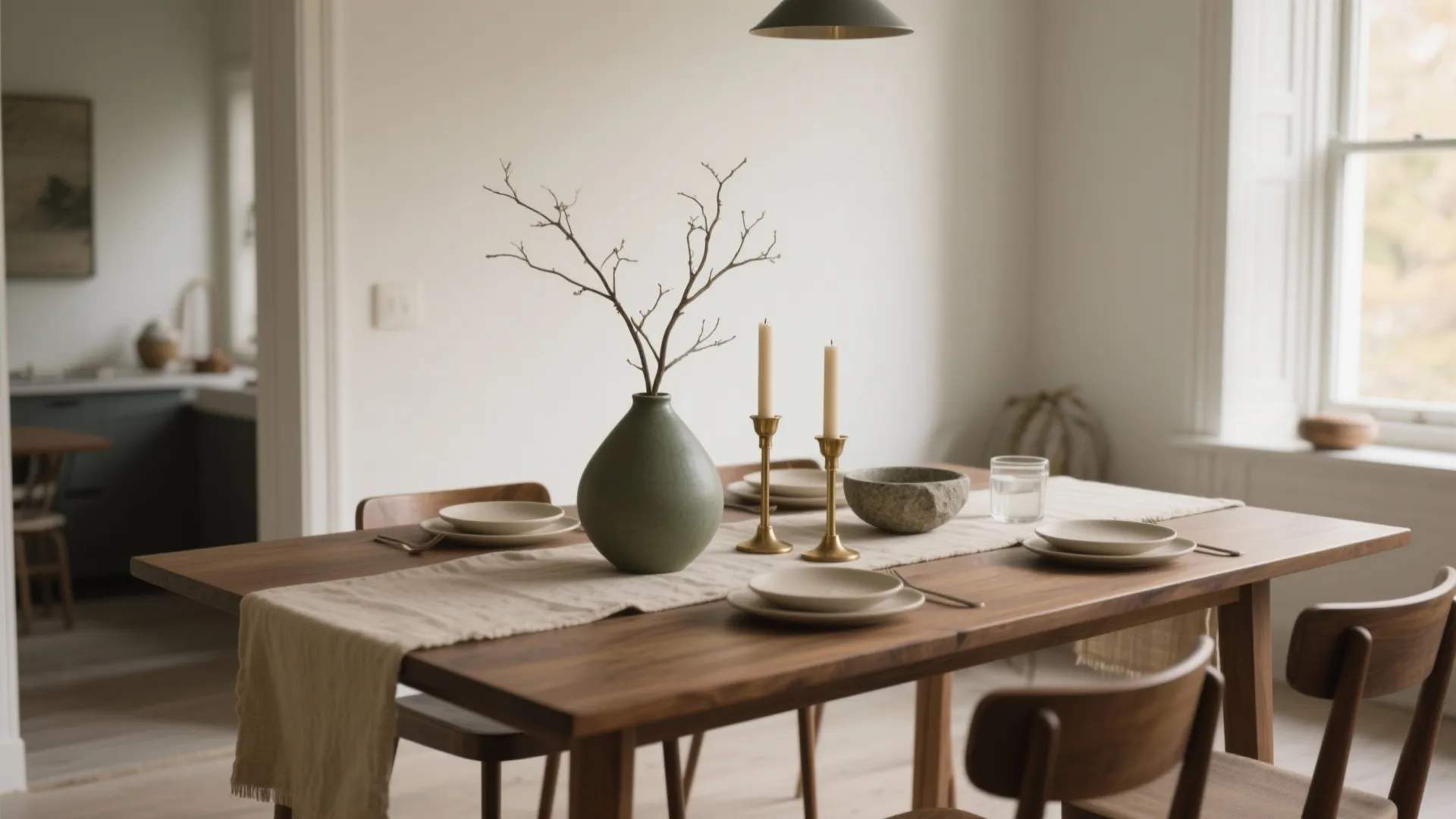 Wooden dining table with green vase of branches gold candle holders and plates in interior