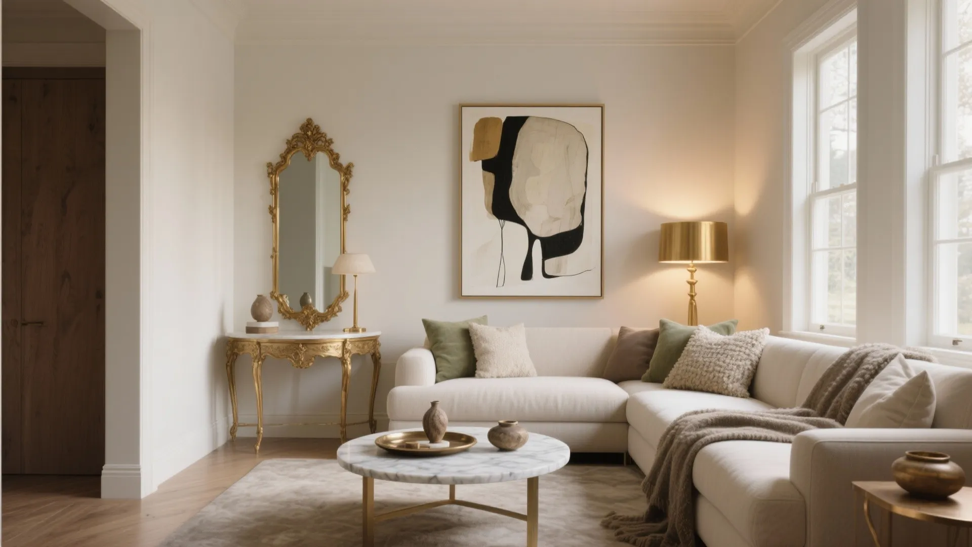 White living room with large sofa marble coffee table gold side table mirror and lamp