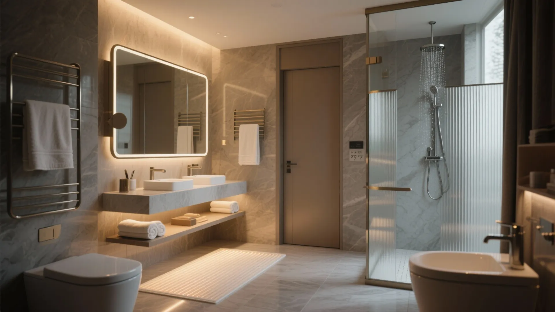 Modern warm bathroom interior with marble walls lighted mirror double sinks and glass shower area
