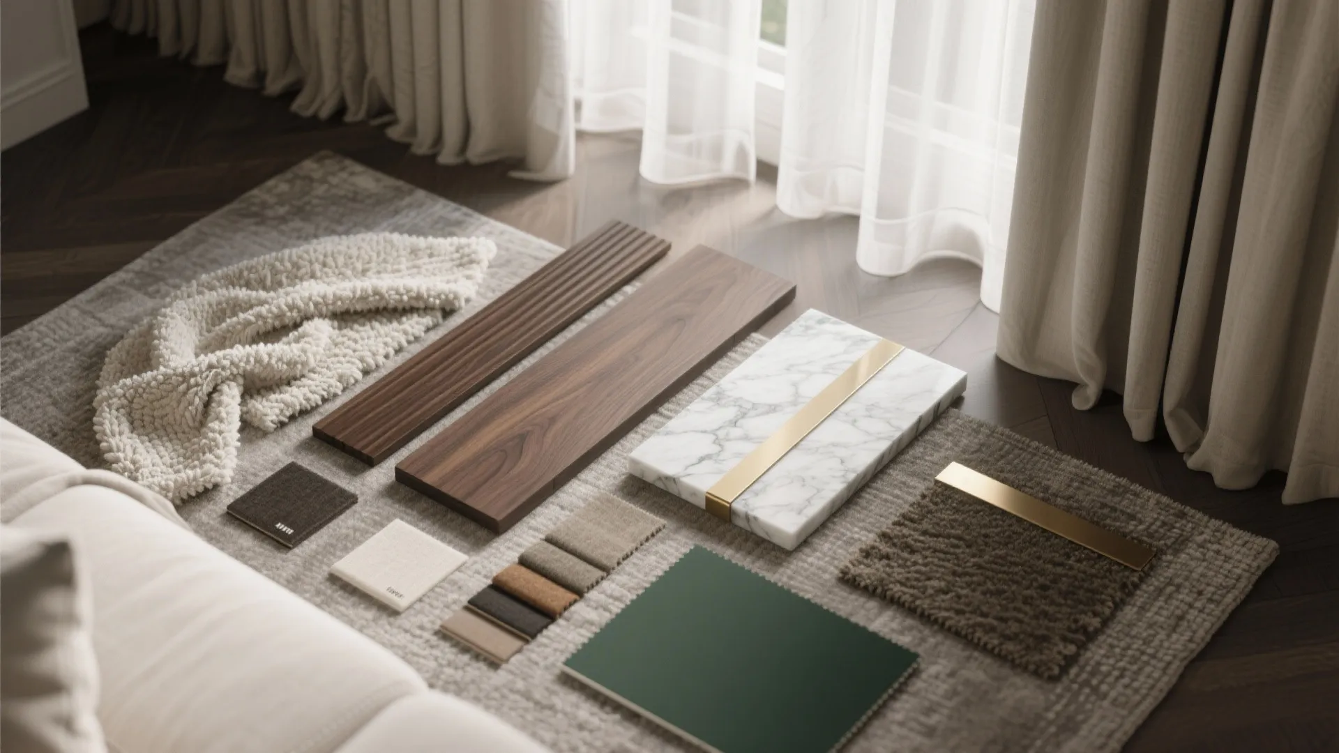 Flat lay of smoked oak, linen, boucle, velvet, honed marble, brass, wool rug, and a deep green paint chip.
