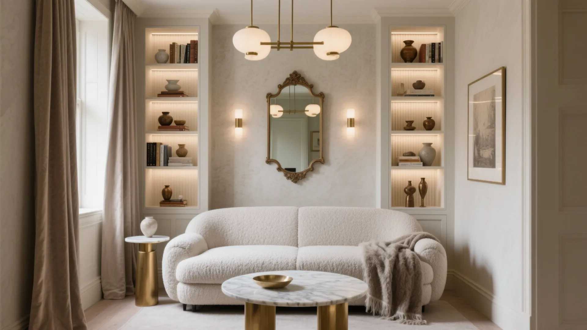 Elegant living room with white sofa marble coffee table wall lights and built in display shelves